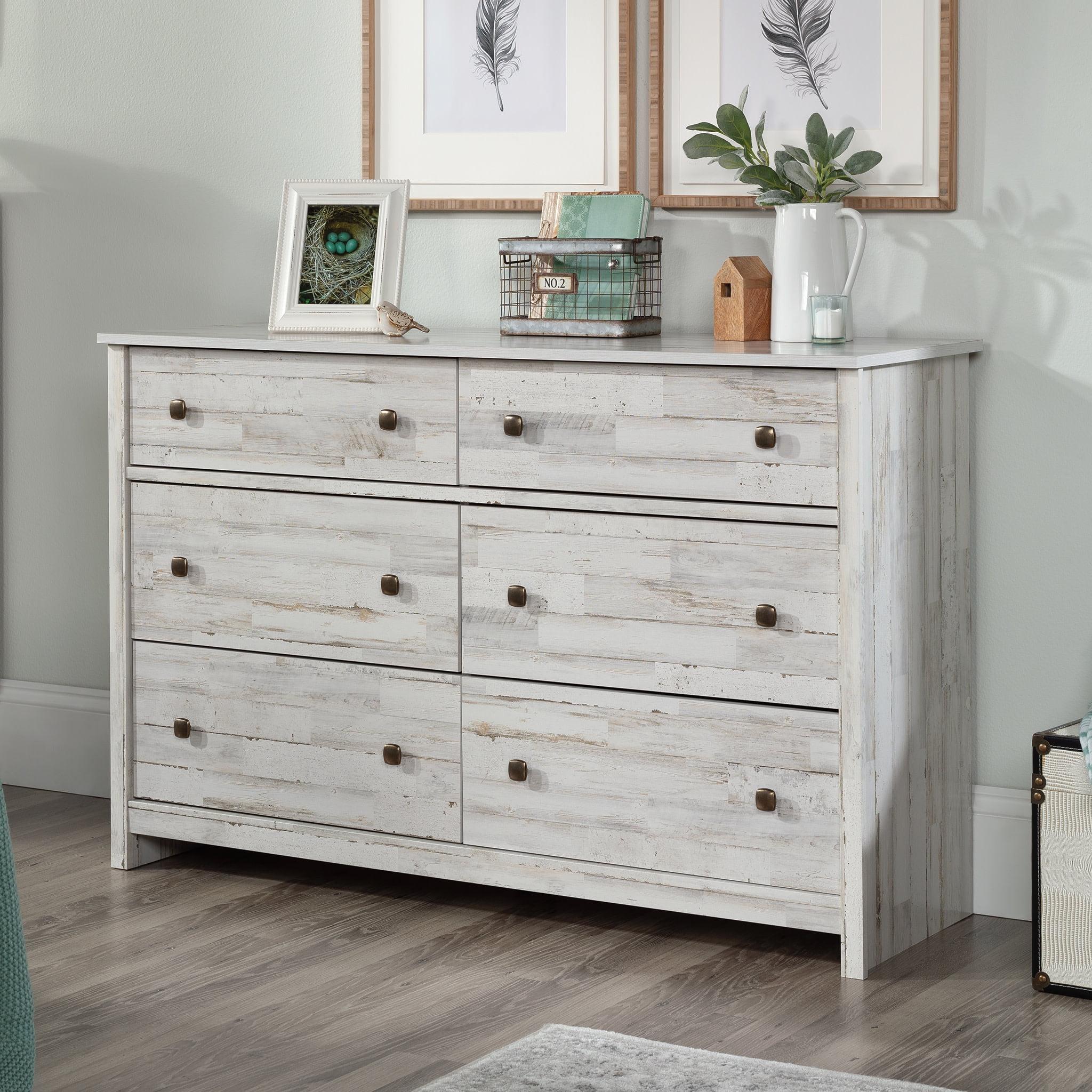 Sauder River Ranch Rustic 6-Drawer Bedroom Dresser, White Plank Finish