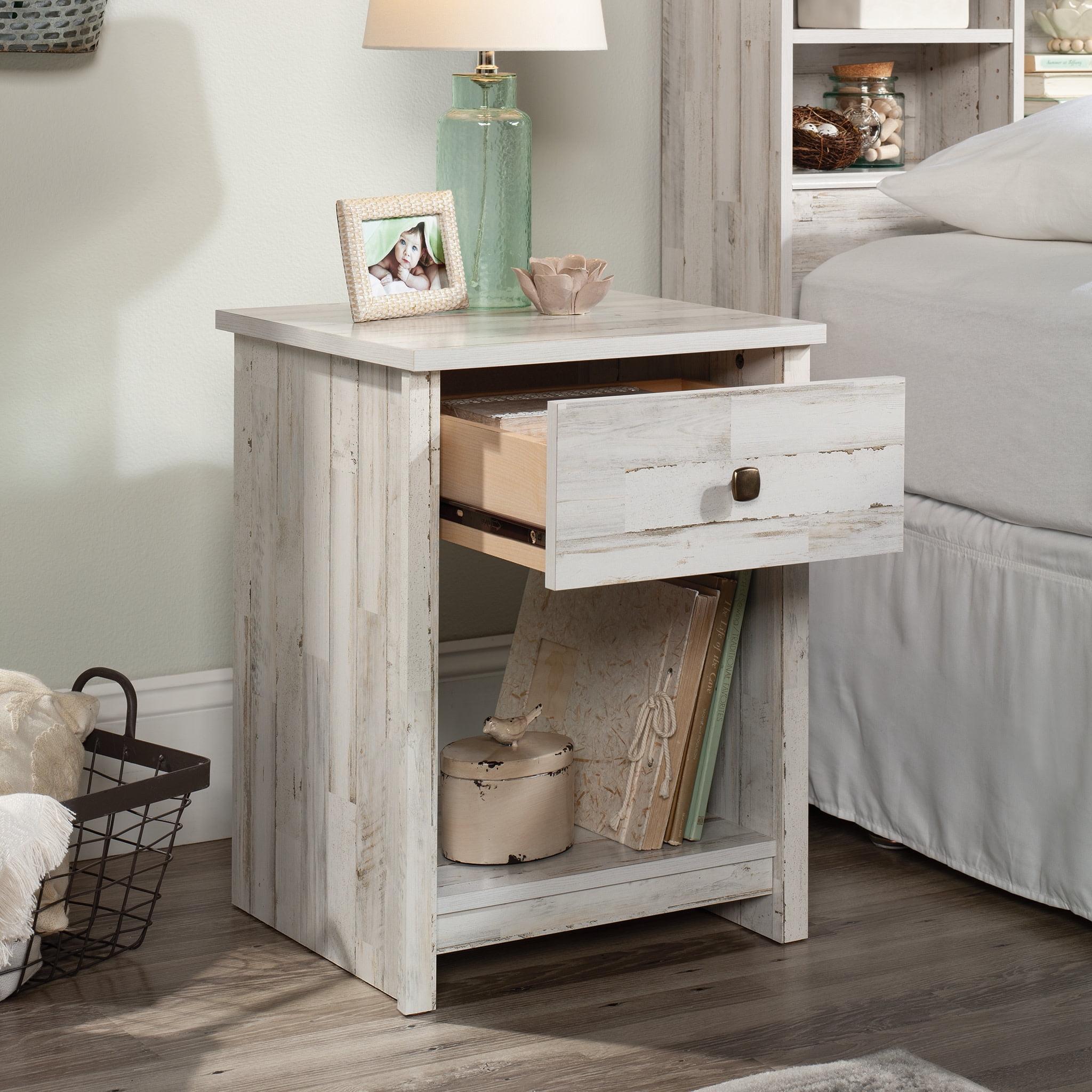 River Ranch Nightstand with Drawer White Plank - Sauder: Farmhouse Style Bedside Table with Open Shelf