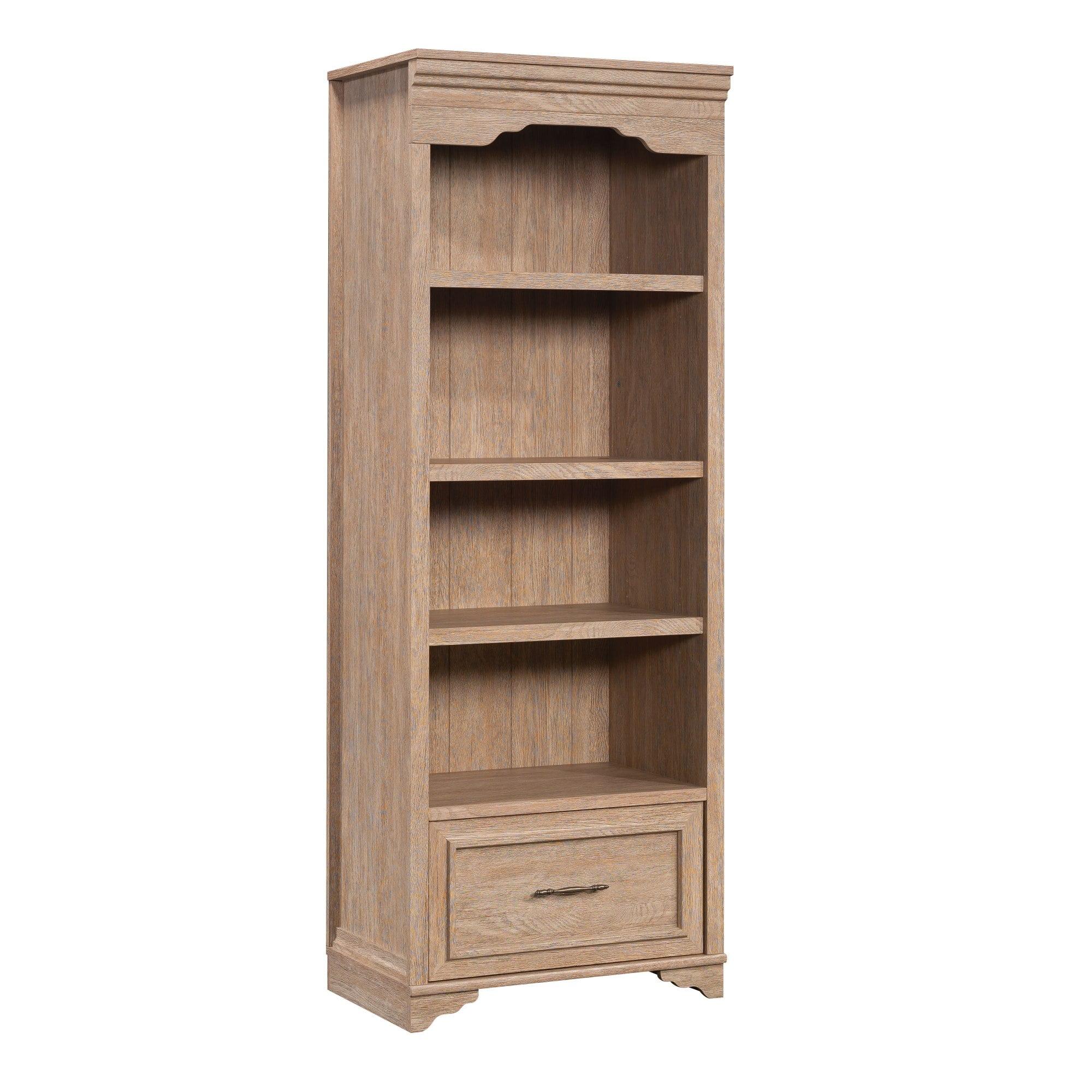 Brushed Oak Adjustable 4-Shelf Bookcase with Drawer