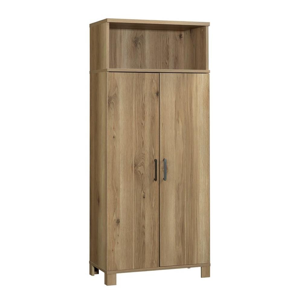 Timber Oak Storage Cabinet with Adjustable Shelving and Black Hardware