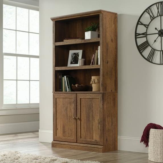 70" 5 Shelf Bookcase with Doors Vintage Brown - Sauder: Hidden Storage, Library Style