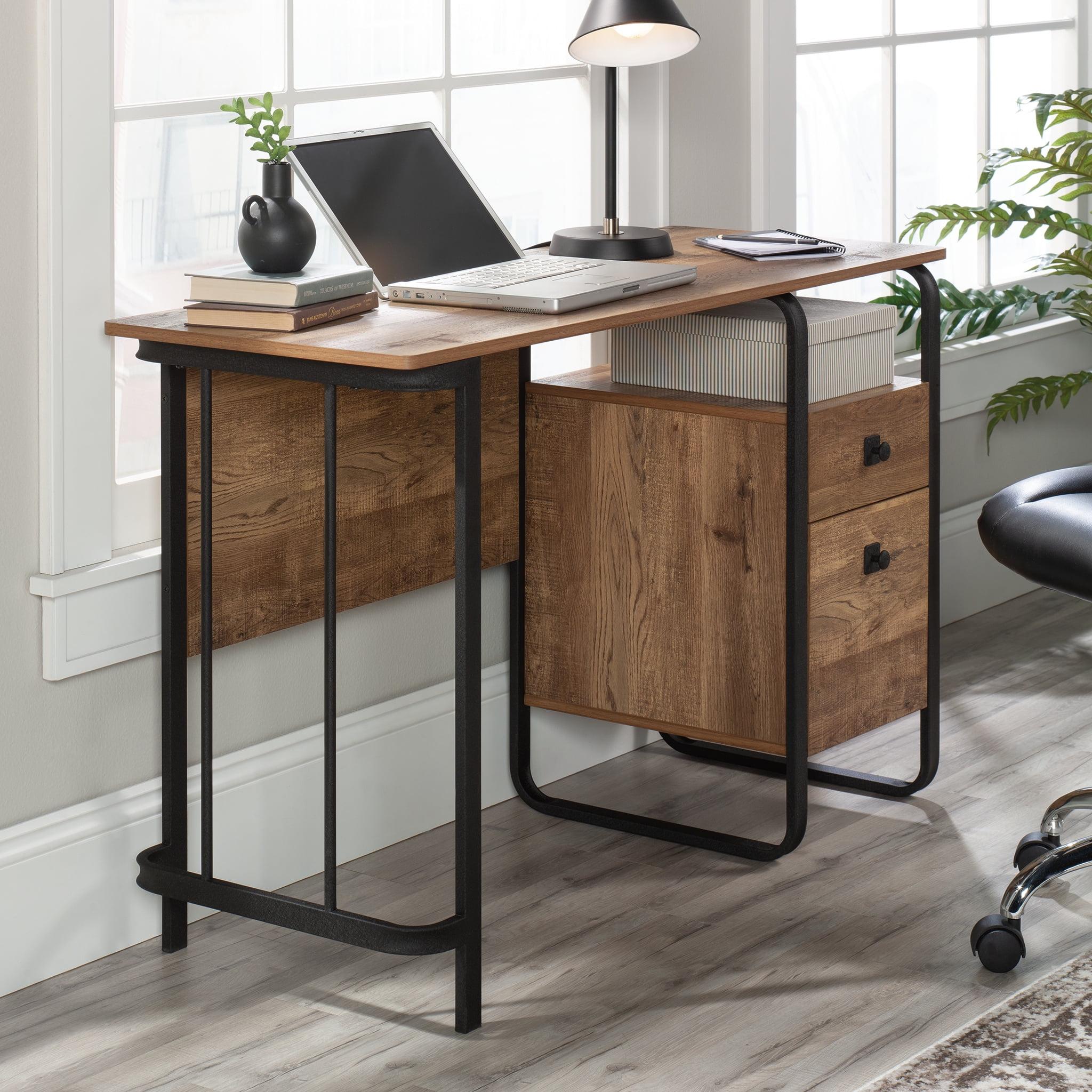 Etched Oak and Black Wood Desk with Drawer and Filing Cabinet