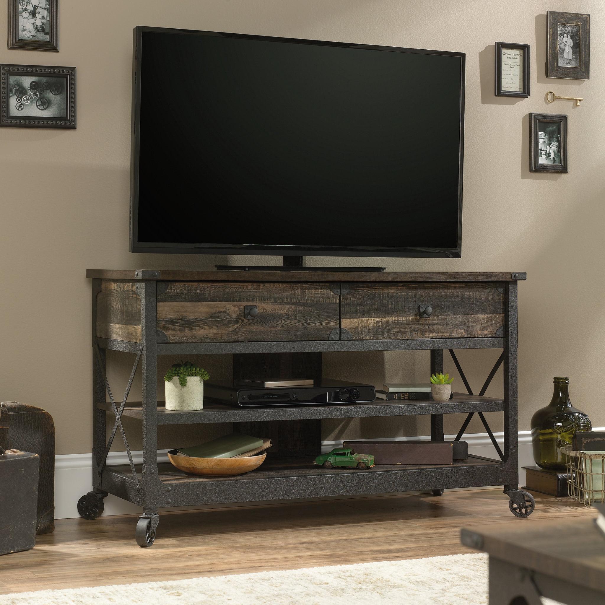 Steel River TV Stand for TVs up to 55" Brown - Sauder: Industrial Style, Open Shelving, Metal Frame