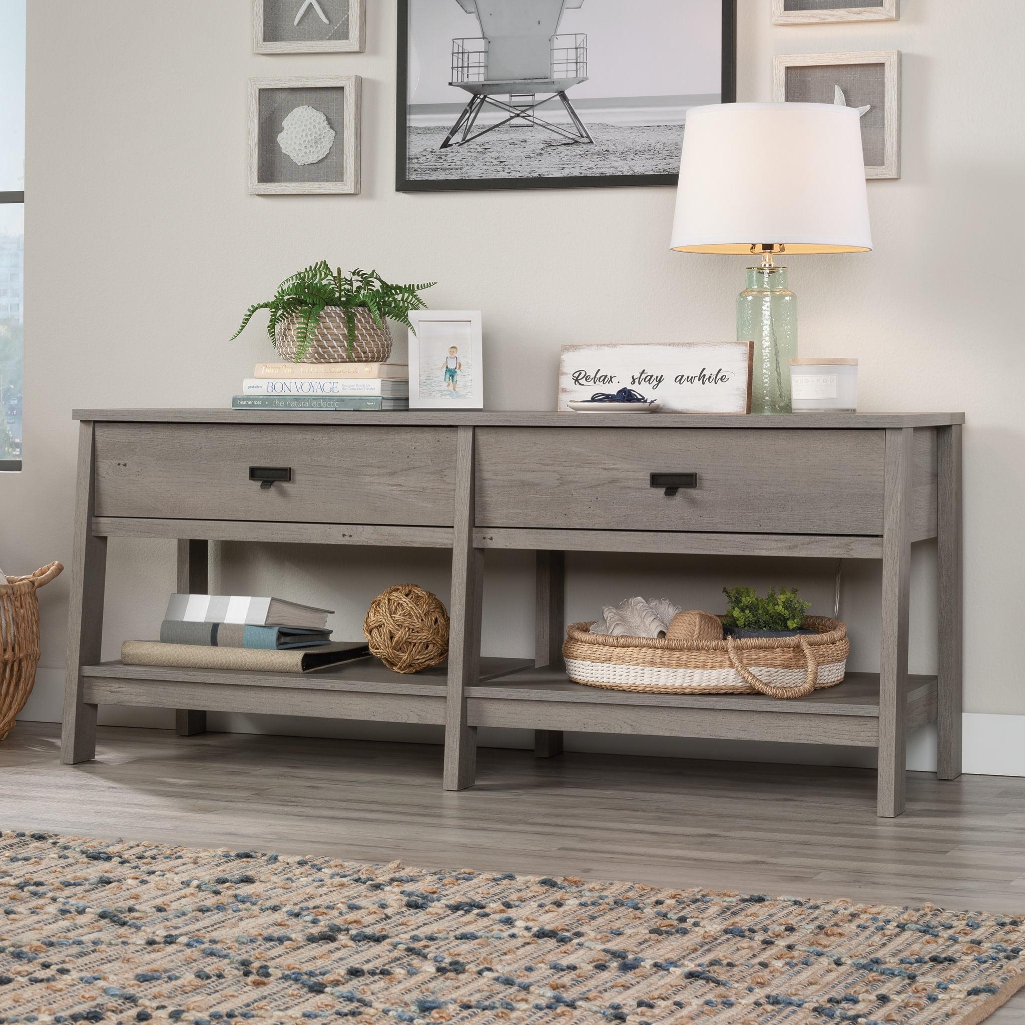 Sauder Trestle TV Stand with Drawers in Mystic Oak for TVs up to 60", Mystic Oak Finish