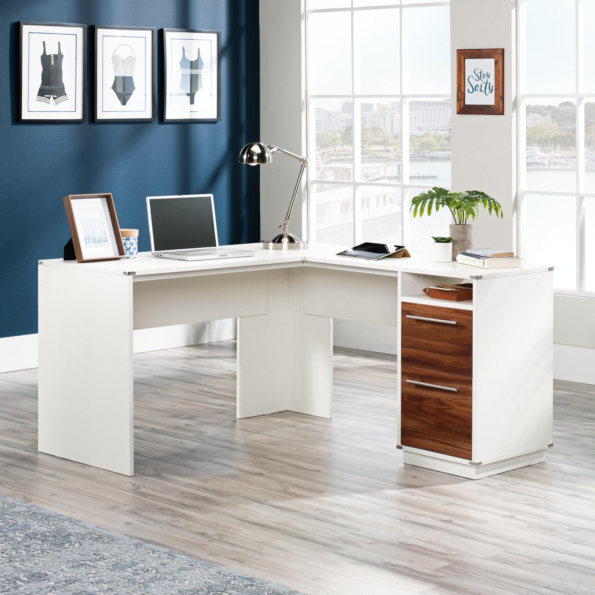 Pearl Oak L-Shaped Computer Desk with Filing Cabinet