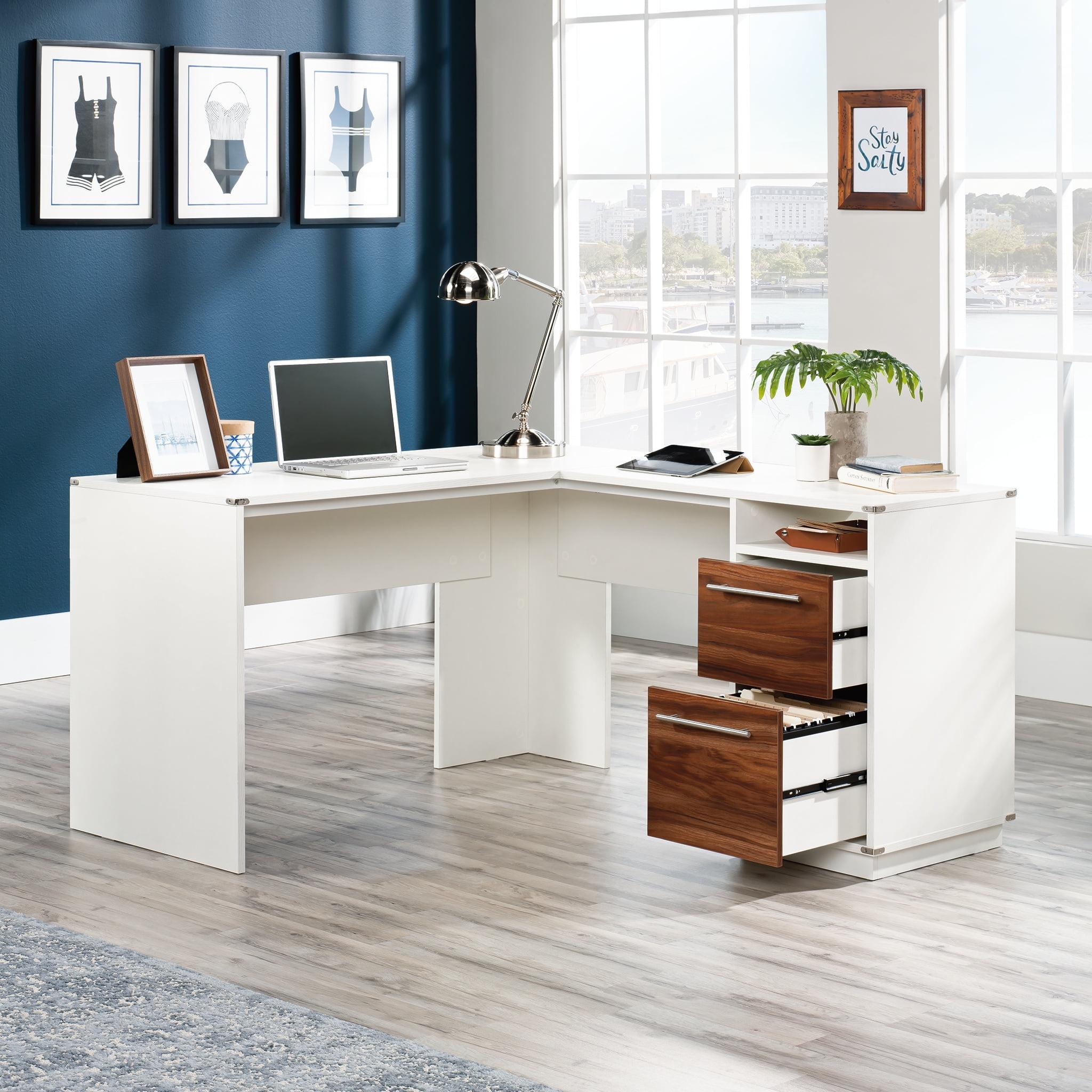 Pearl Oak L-Shaped Computer Desk with Filing Cabinet