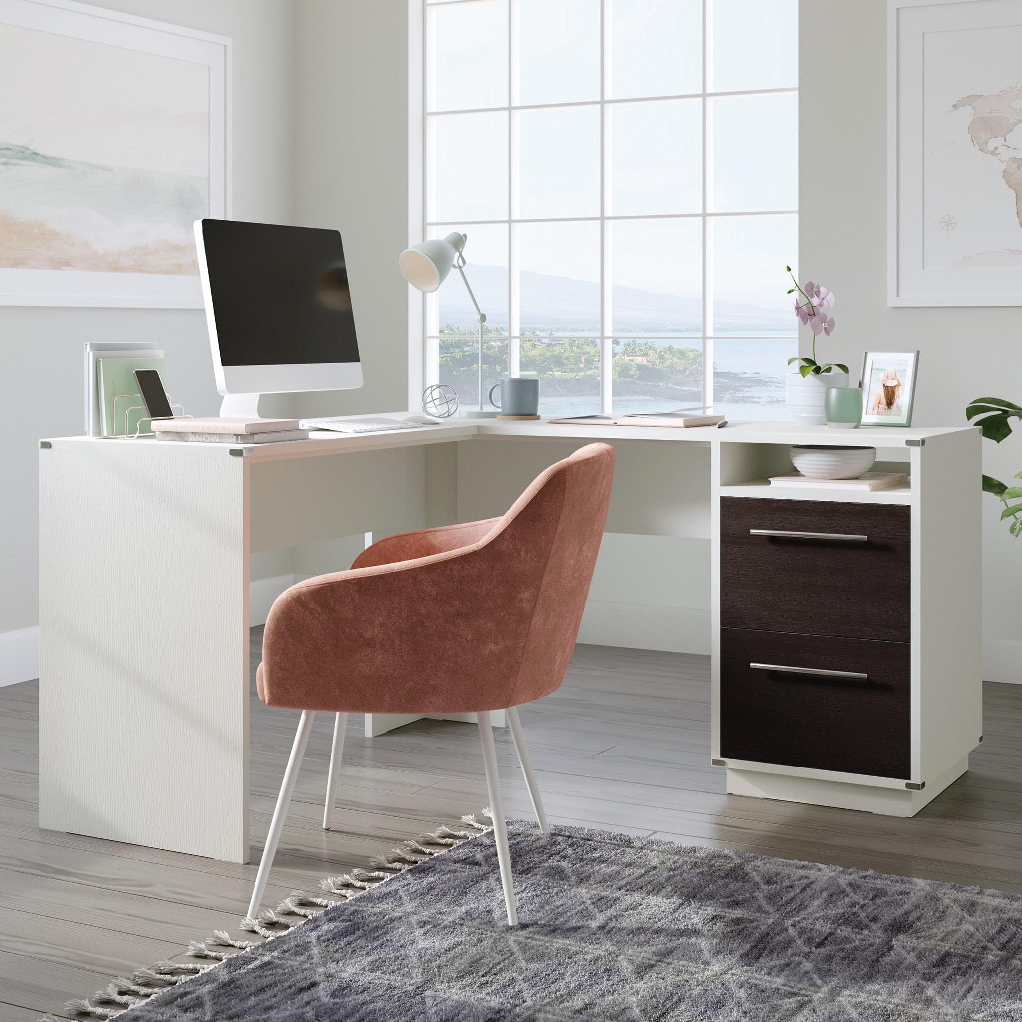 White and Dark Brown L-Shaped Computer Desk with Drawer and Keyboard Tray