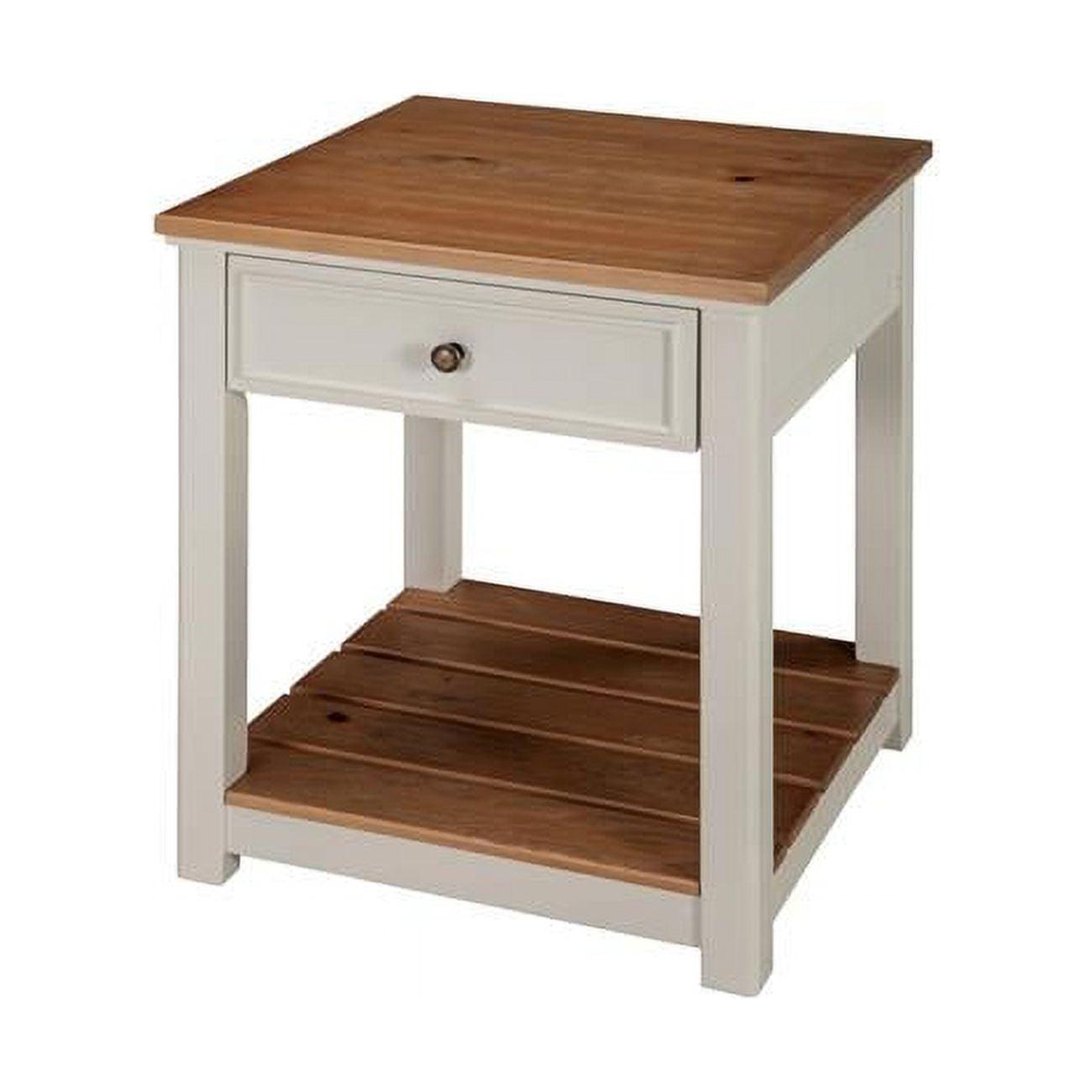 Savannah Coastal Ivory End Table with Natural Wood Top and Storage