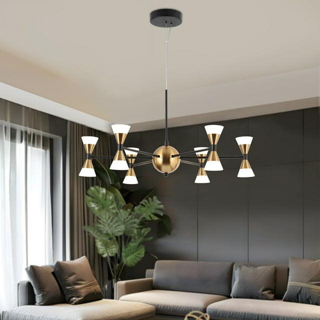 Savonnerie Modern Contemporary 12-Light Black Gold LED Chandelier Metal Wheel Pendant Lights for Dining Room - 23.5" D x 12.5" H