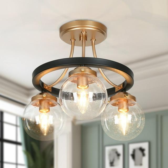 Savonnerie Modern Farmhouse 3-Light Black Gold Semi-Flush Mount Glass Ceiling Light - 14.5" D x 12" H