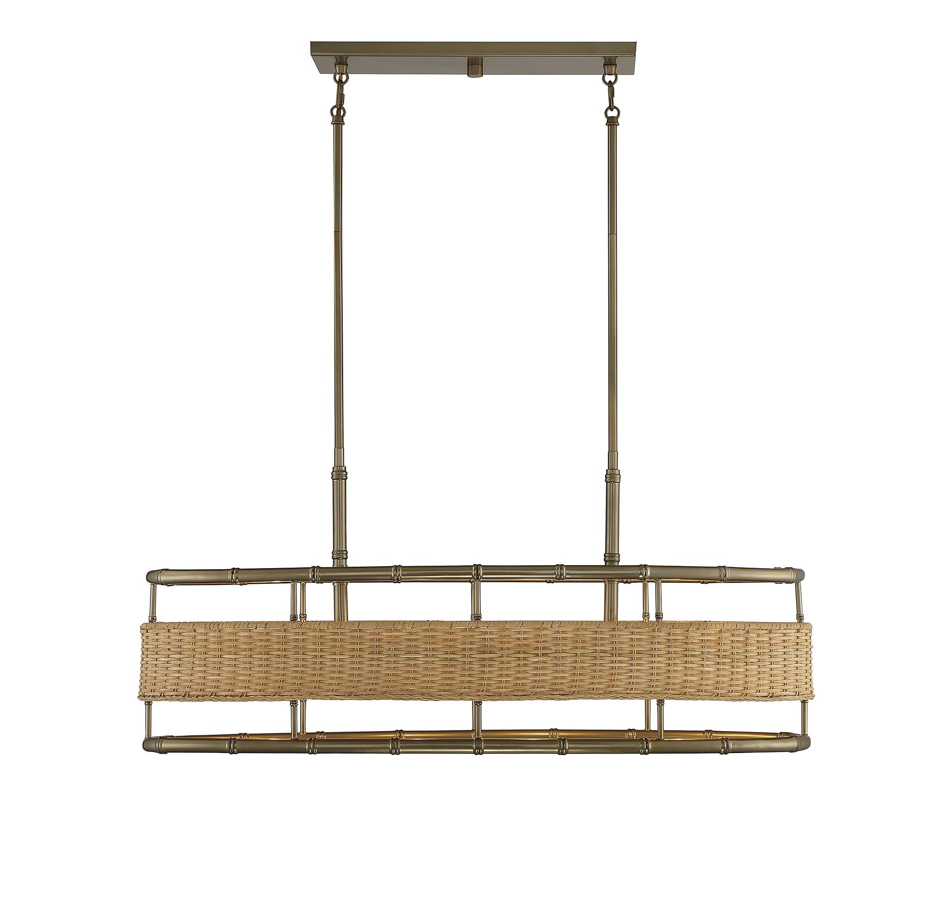 Arcadia 4-Light Linear Chandelier in Warm Brass with Natural Rattan