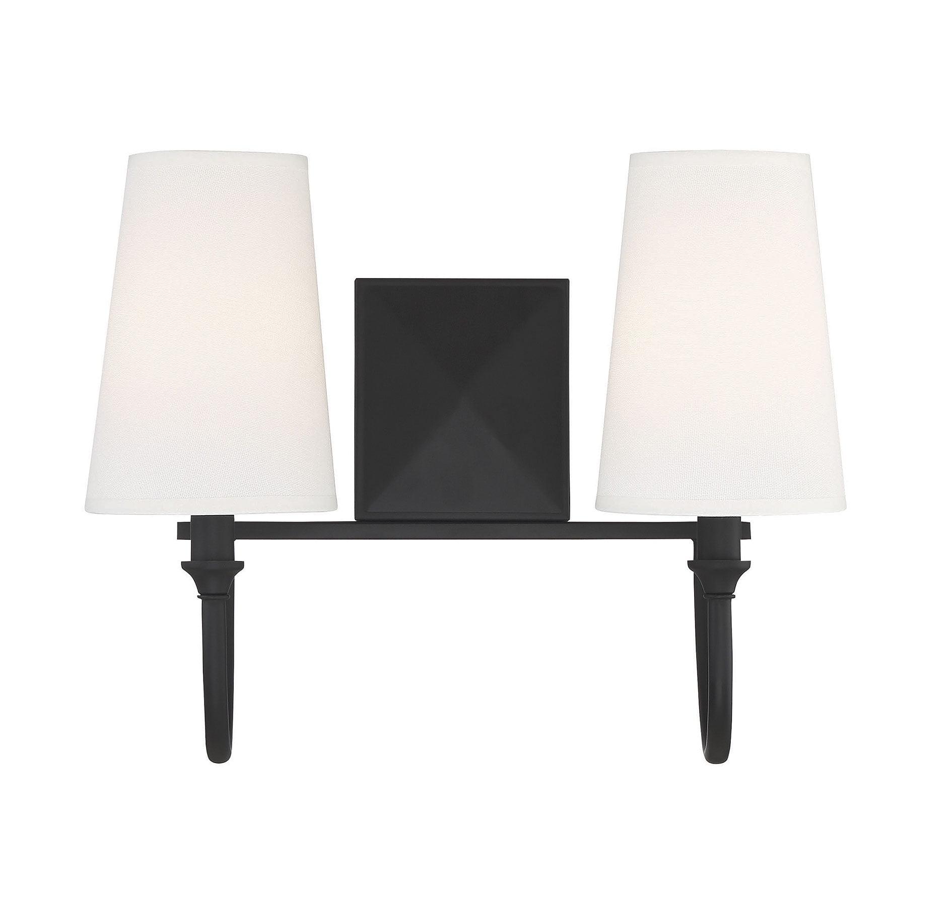 Cameron Matte Black 2-Light Vanity with Tall White Fabric Shades