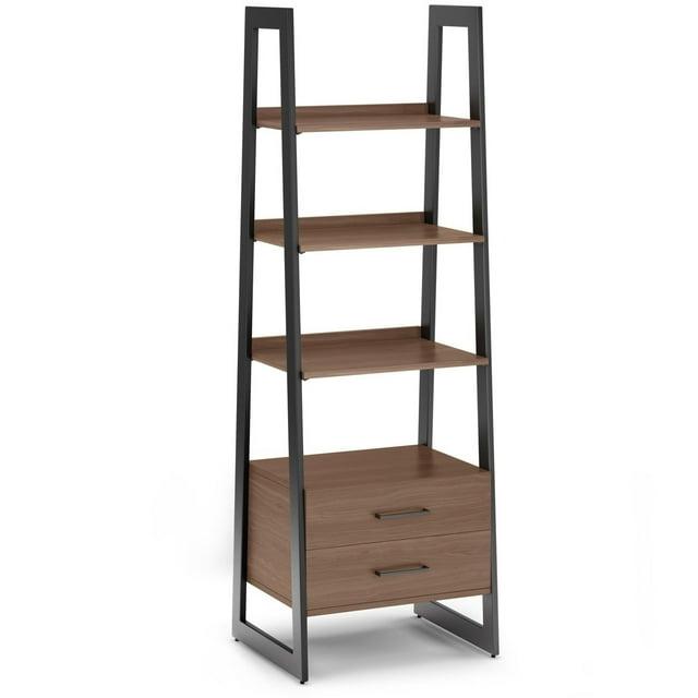 Simpli Home Sawhorse Modern Industrial and Metal Ladder Shelf with Storage in Walnut