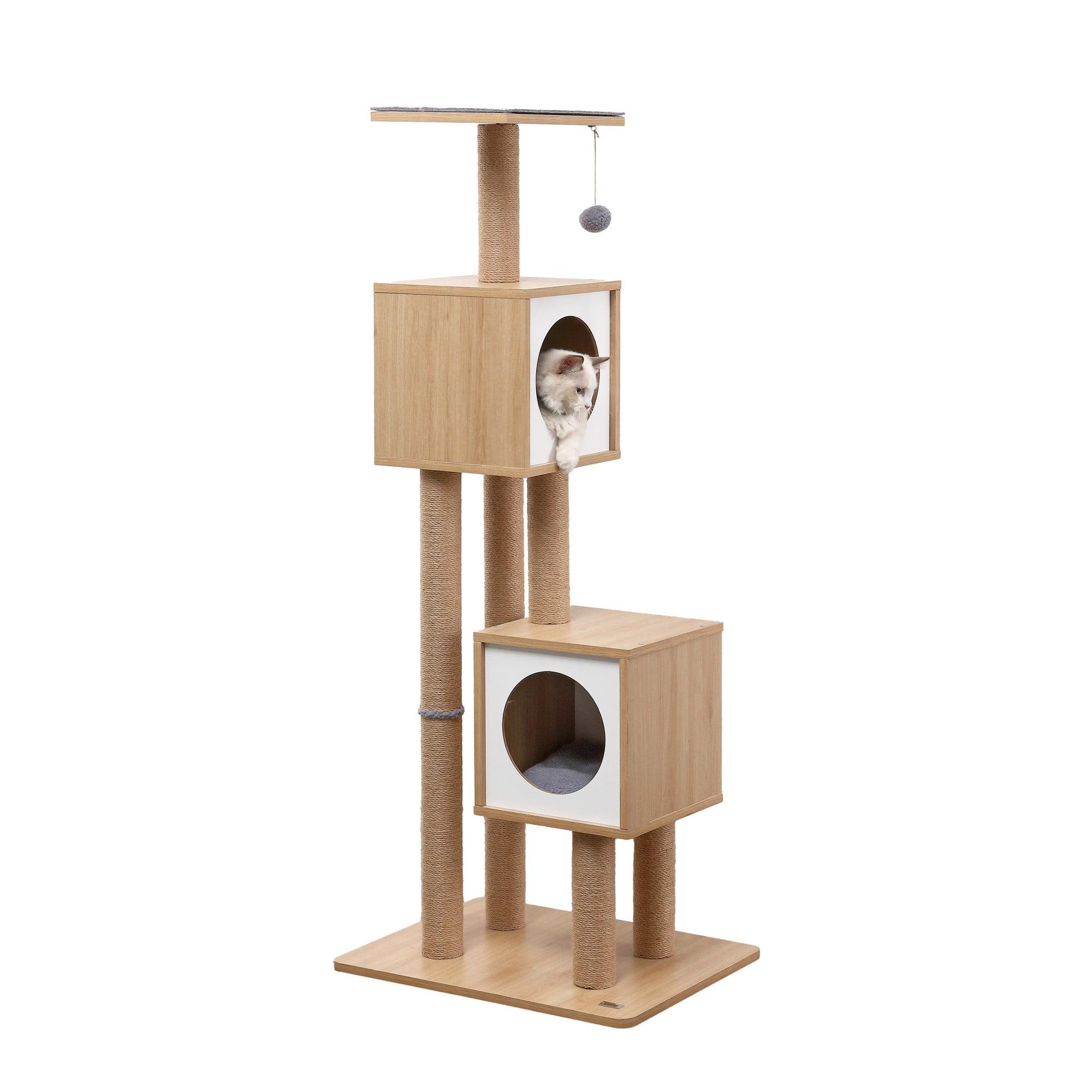 Sawyer 56" 3-Tier Minimalist Jute Cat Tree Condo with Scratching posts, and Fuzzy Toy, Brown/White