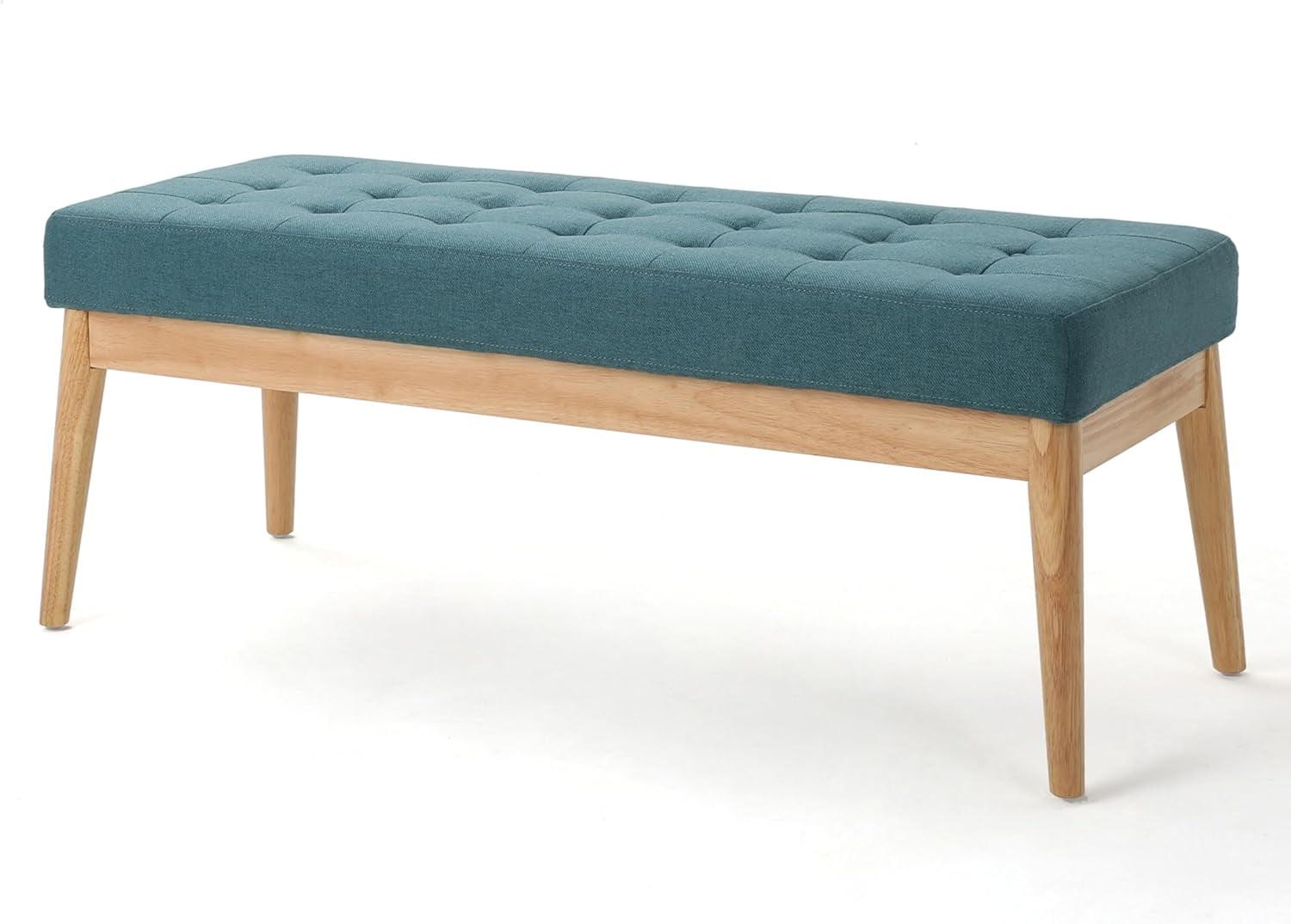 Midcentury Dark Teal Tufted Fabric Bedroom Bench