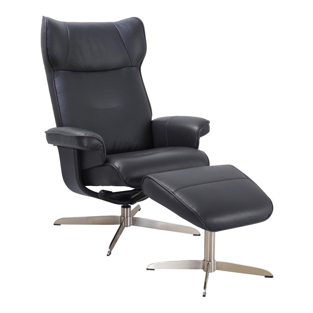 ErgoLux Black Top Grain Leather Swivel Recliner with Ottoman