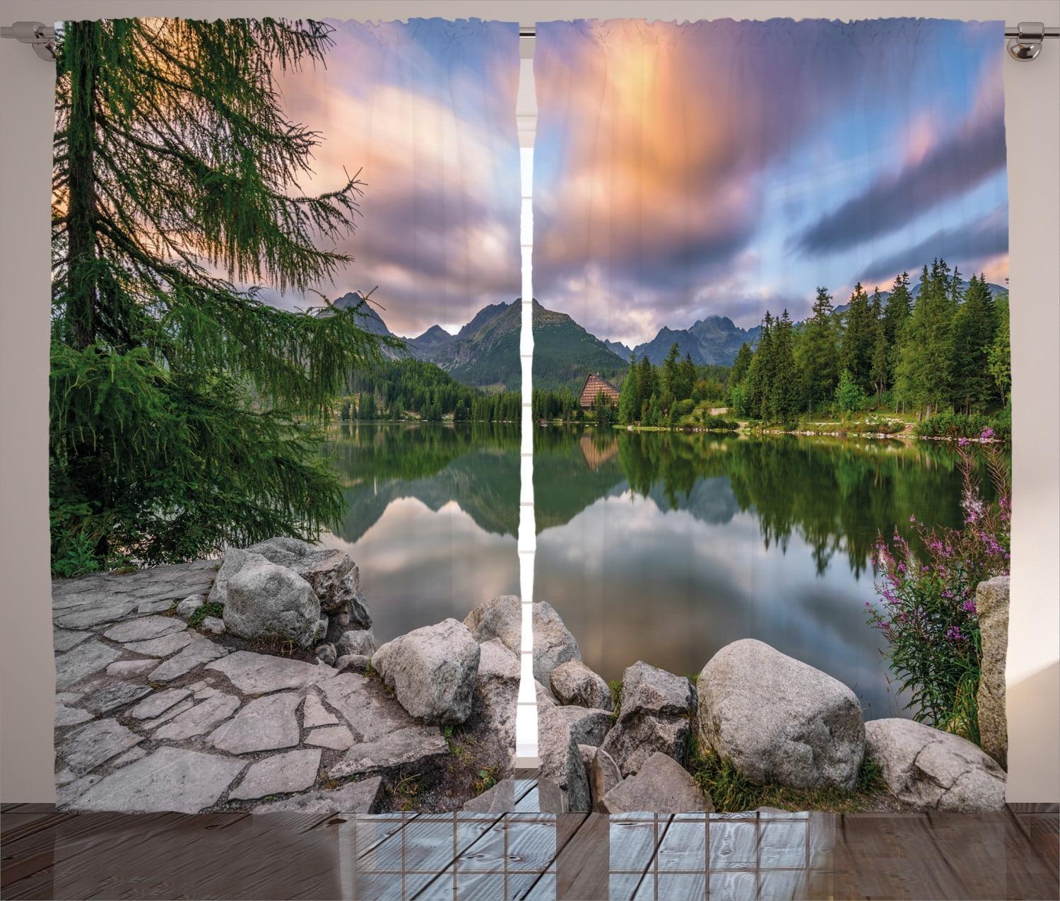 Ambesonne View with Tree on Lake Decor Graphic Print Semi-Sheer Rod Pocket Curtain Panels (Set of 2)