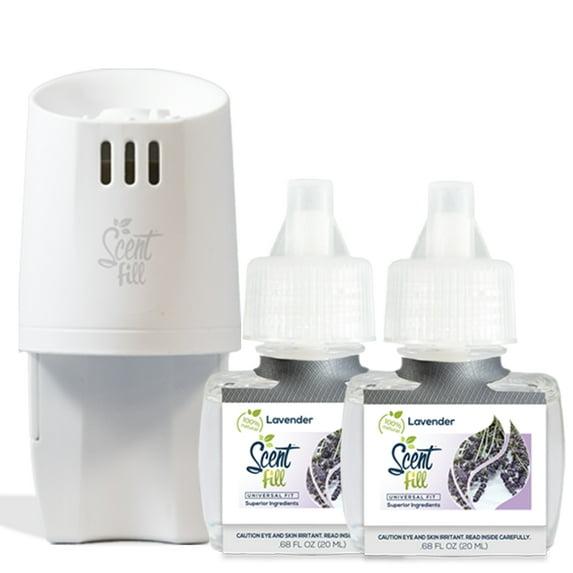 Scent Fill 100% Natural Lavender Plug in Air Freshener Starter Kit, Scented Oil Refills, 2 Refills + Diffuser