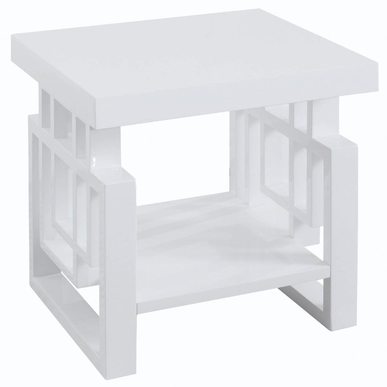 Transitional High Glossy White Wood & Metal End Table