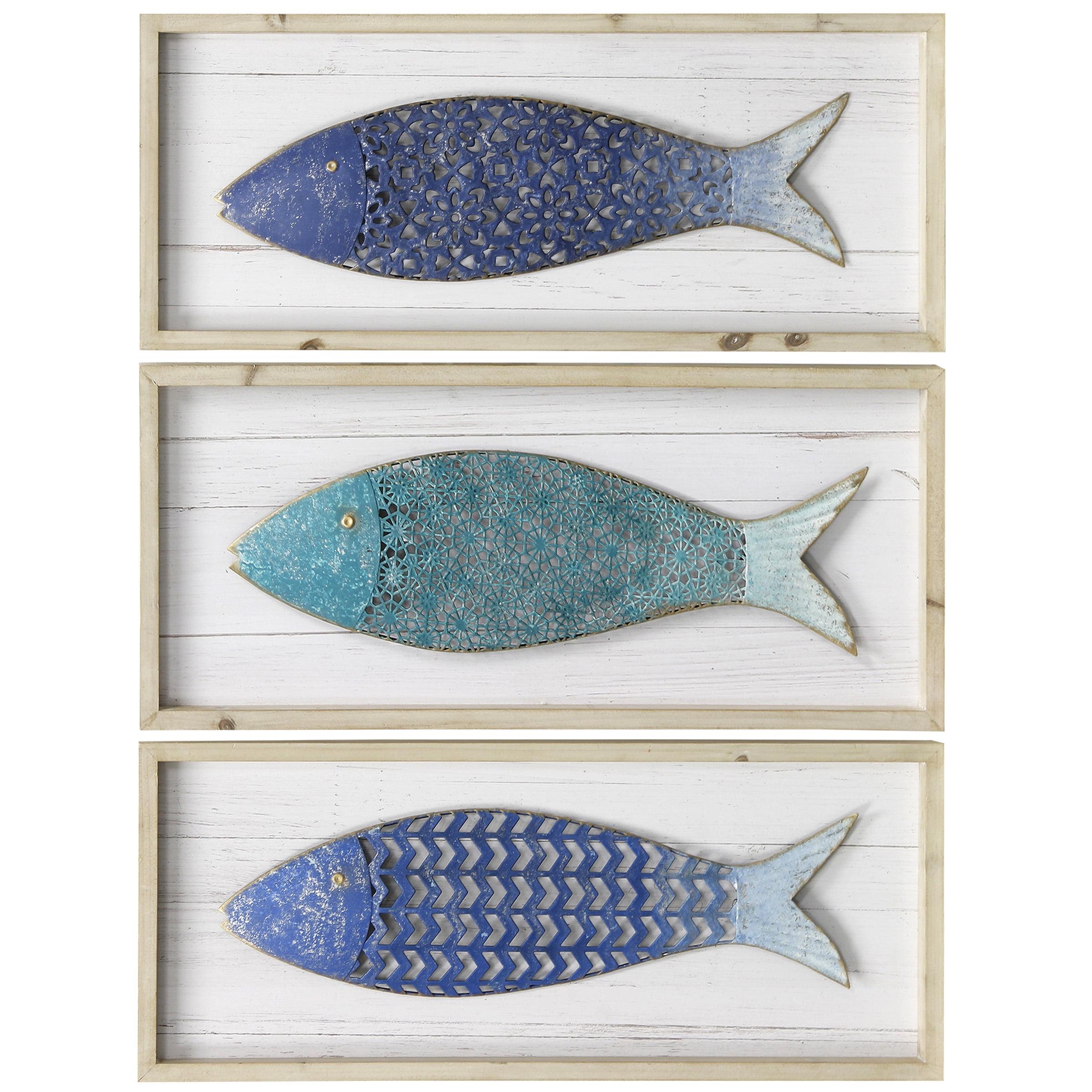 StyleCraft Set of 3 Metal School of Three Fish Wall Art Panels: Nautical Theme, Includes Mounting Hardware