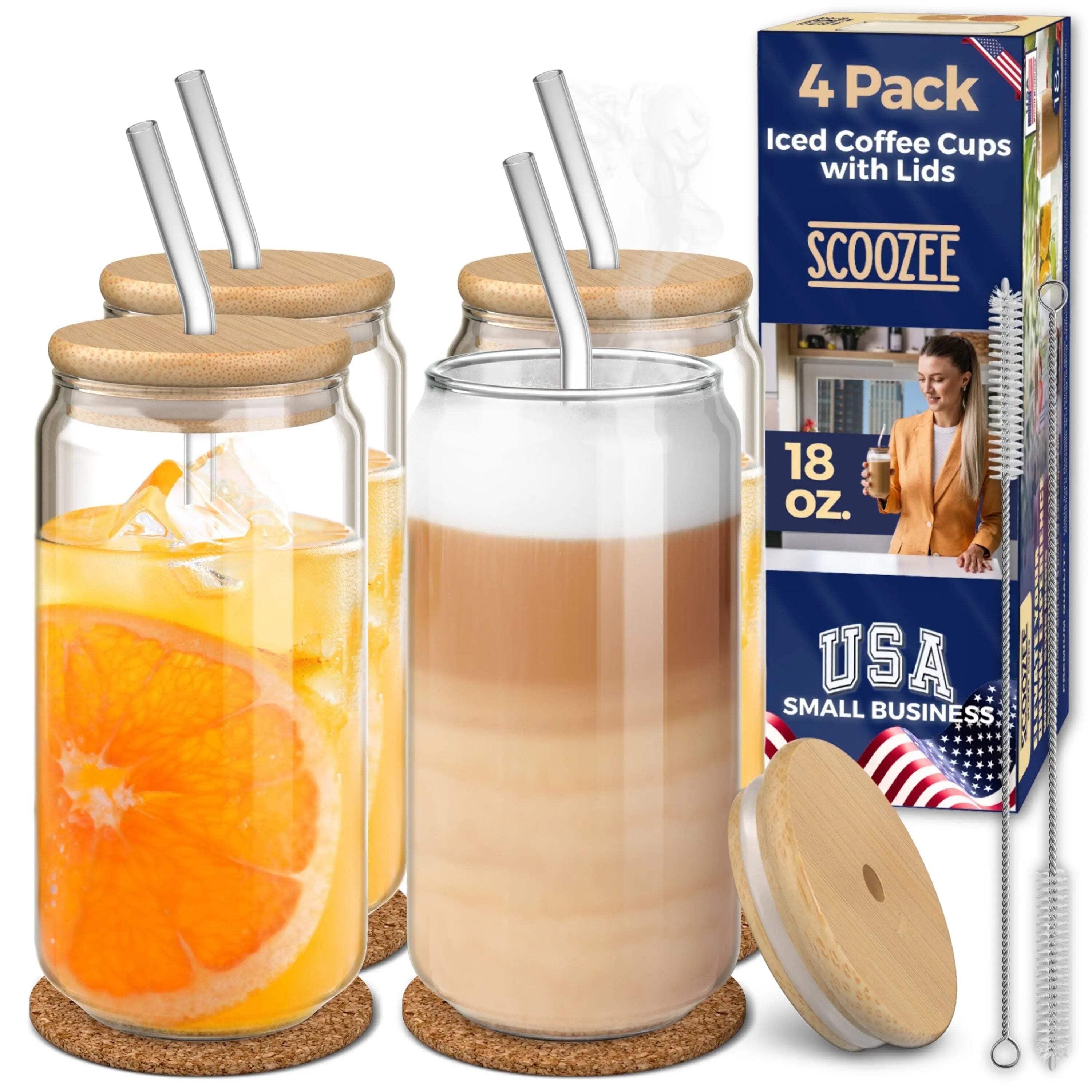 Iced Coffee Cup 18 Oz with(4 Pcs Pack) Natural Bamboo Lids, Clear Glass Cups with Lids and Straws, Ideal Gifts for Women, Birthday & Christmas, Elephant Gifts - Scoozee