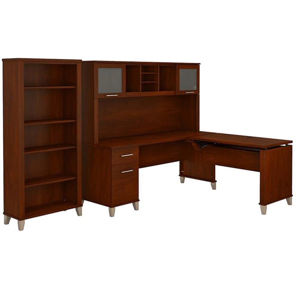 Hansen Cherry L-Shaped Sit-Stand Desk with Hutch and Bookcase