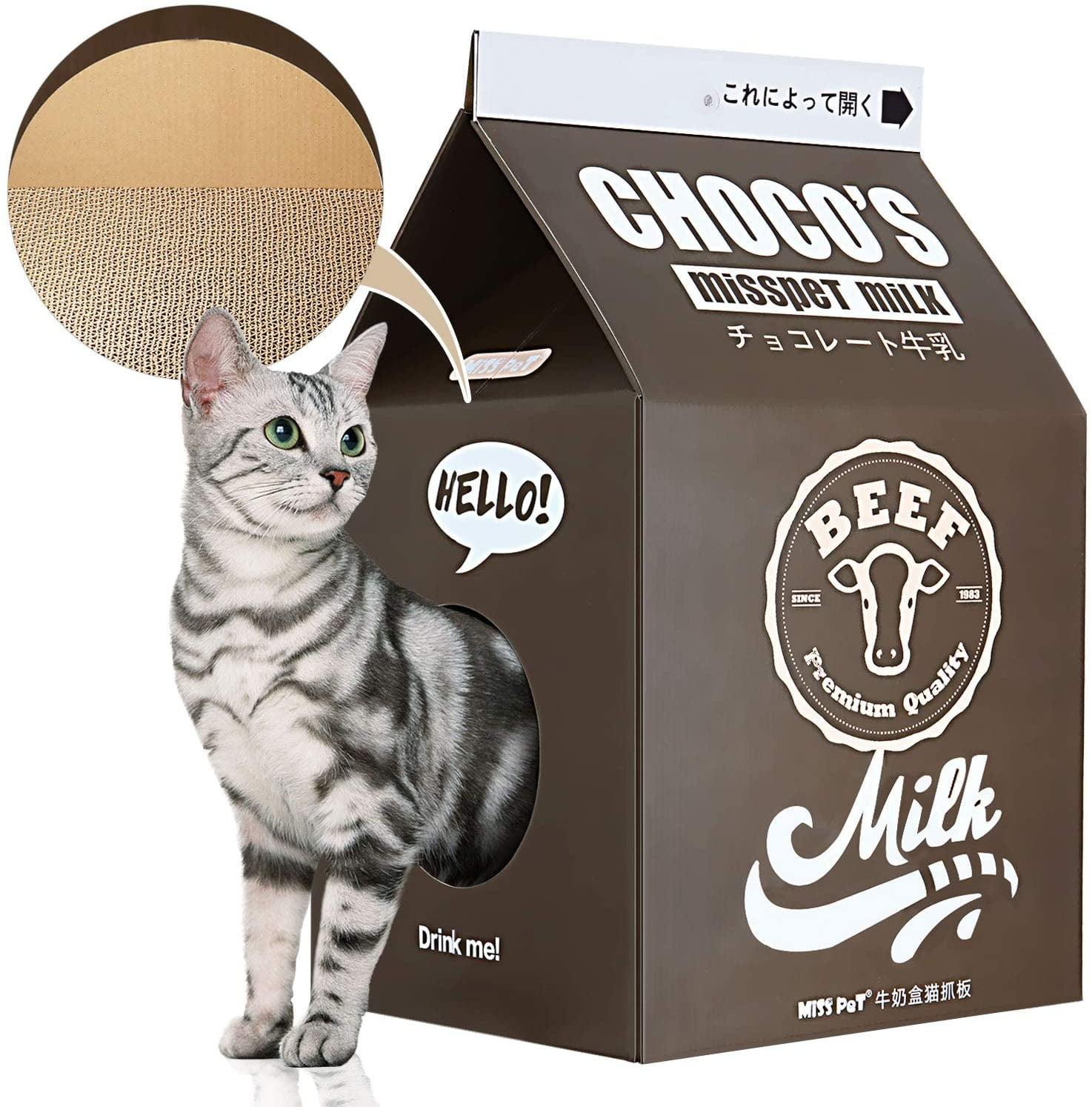 ScratchMe Cat Condo Scratcher Post Cardboard, Milk Box Shape, Durable Board Pads, Black, 1-Pack
