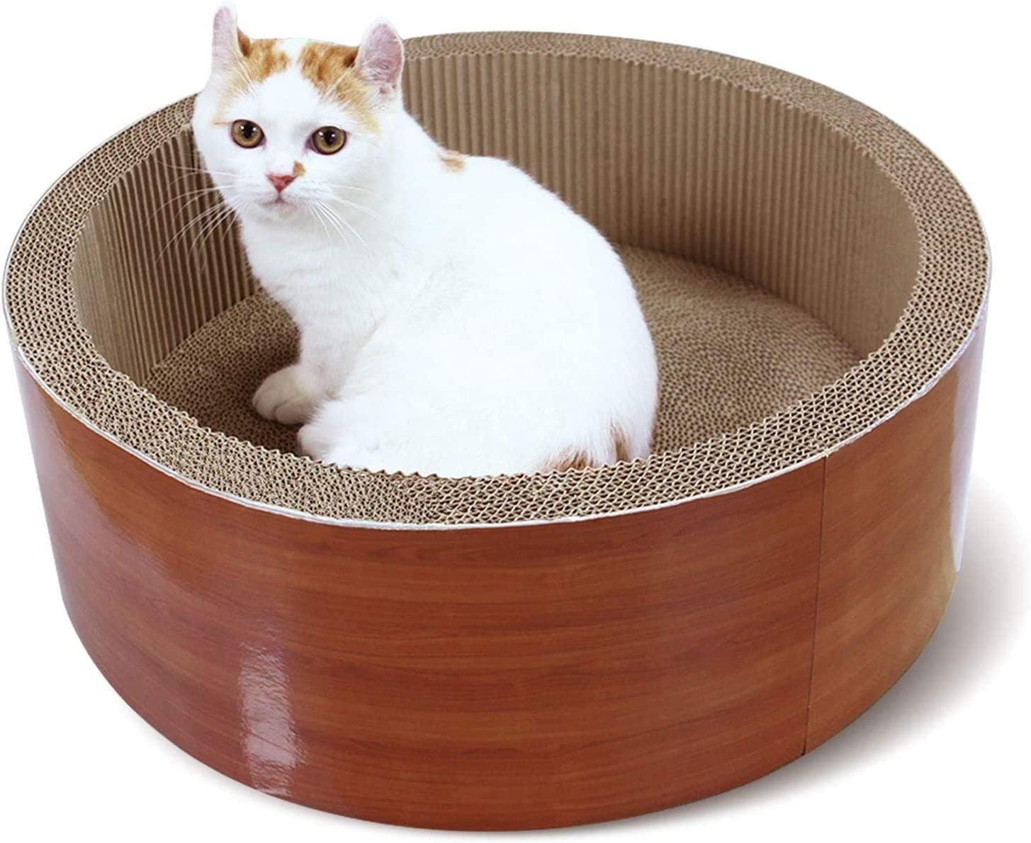 FluffyDream ScratchMe Cat Scratcher Post & Board, Round Cat Scratching Lounge Bed, Durable Pad Prevents Furniture Damage, 17.32'' x 17.32''x 6.11''
