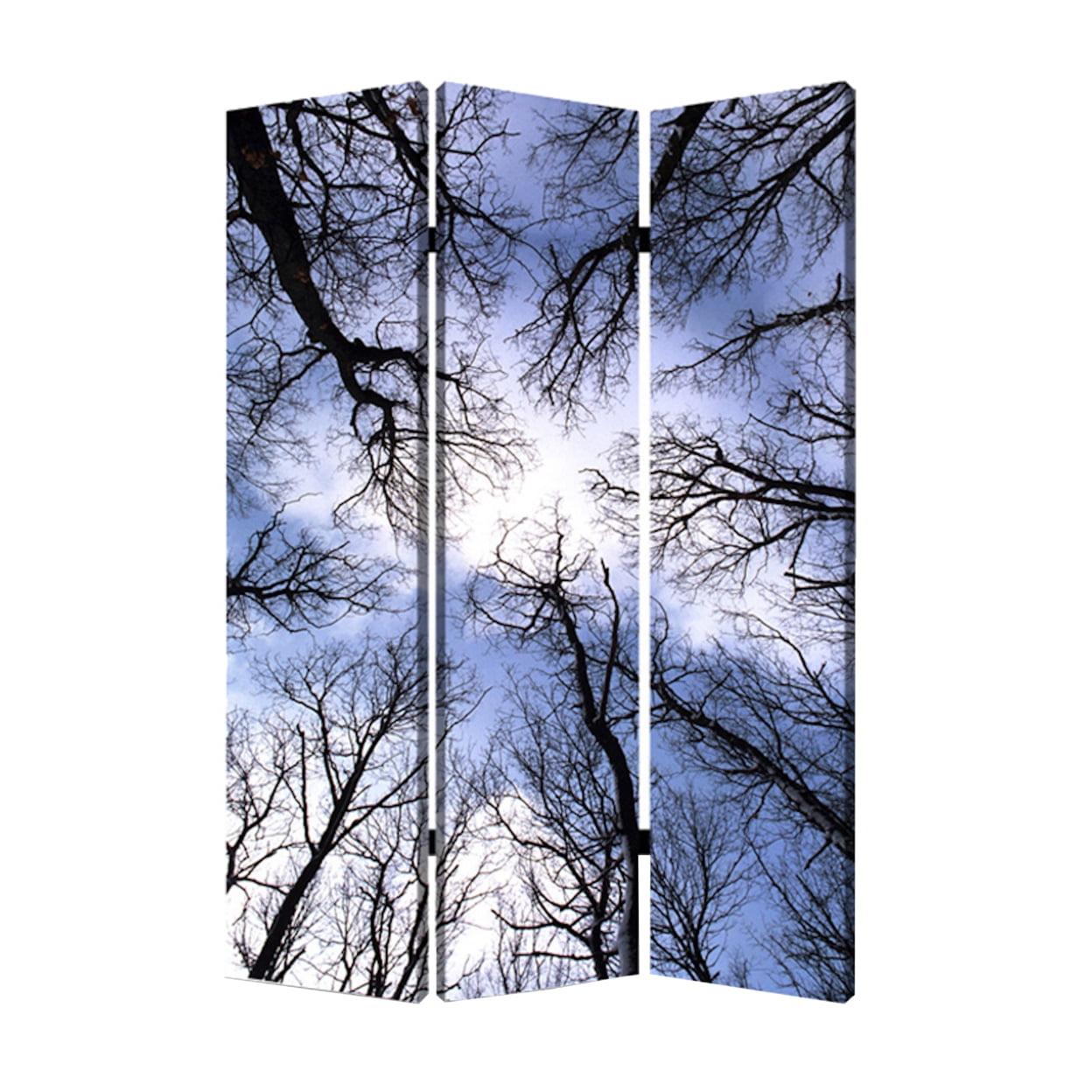 3-Panel Black and Blue Canvas Folding Screen with Tree Print