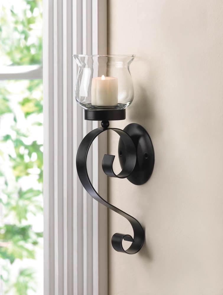 Elegant Scrolling Black Iron & Glass Candle Wall Sconce
