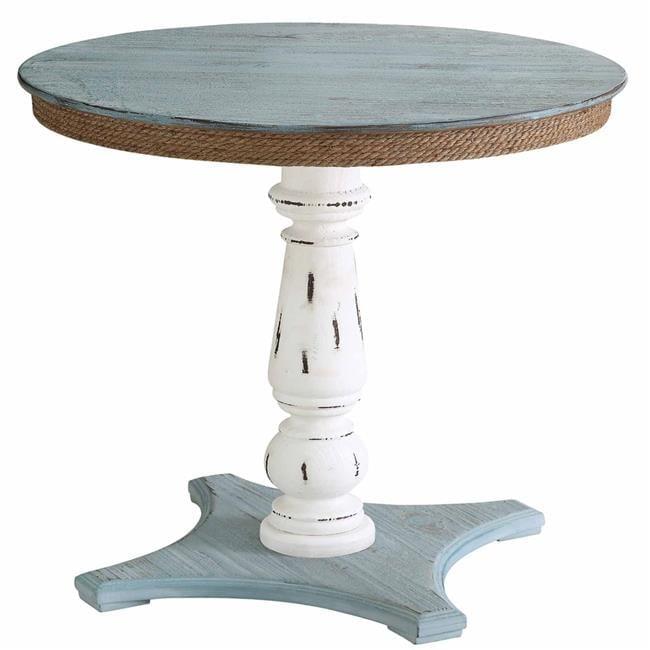 Light Blue and White Birch Coastal Round Accent Table