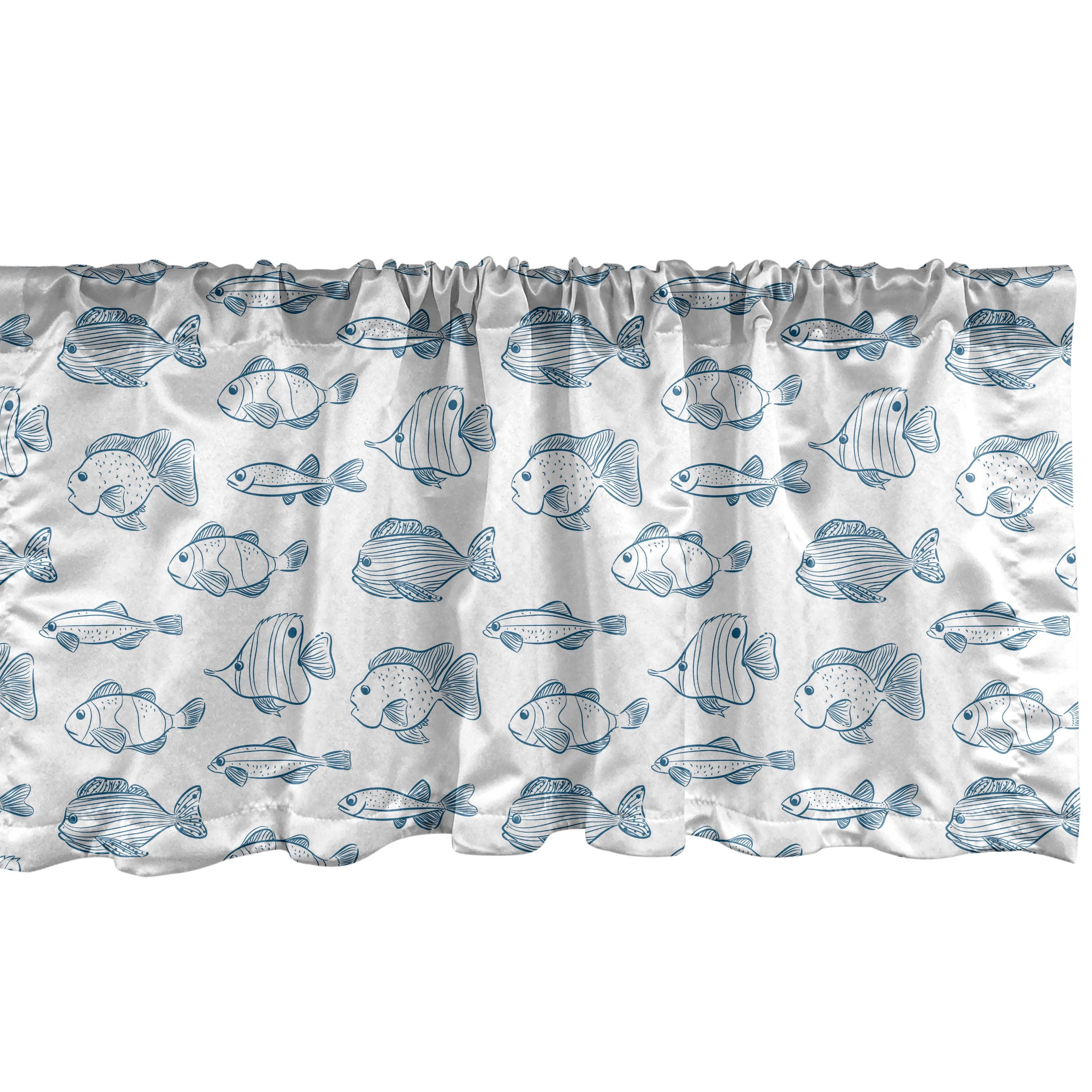 Ambesonne Sea Life Valance Pack of 2 Outline Design Fish Design Dark Sky Blue White