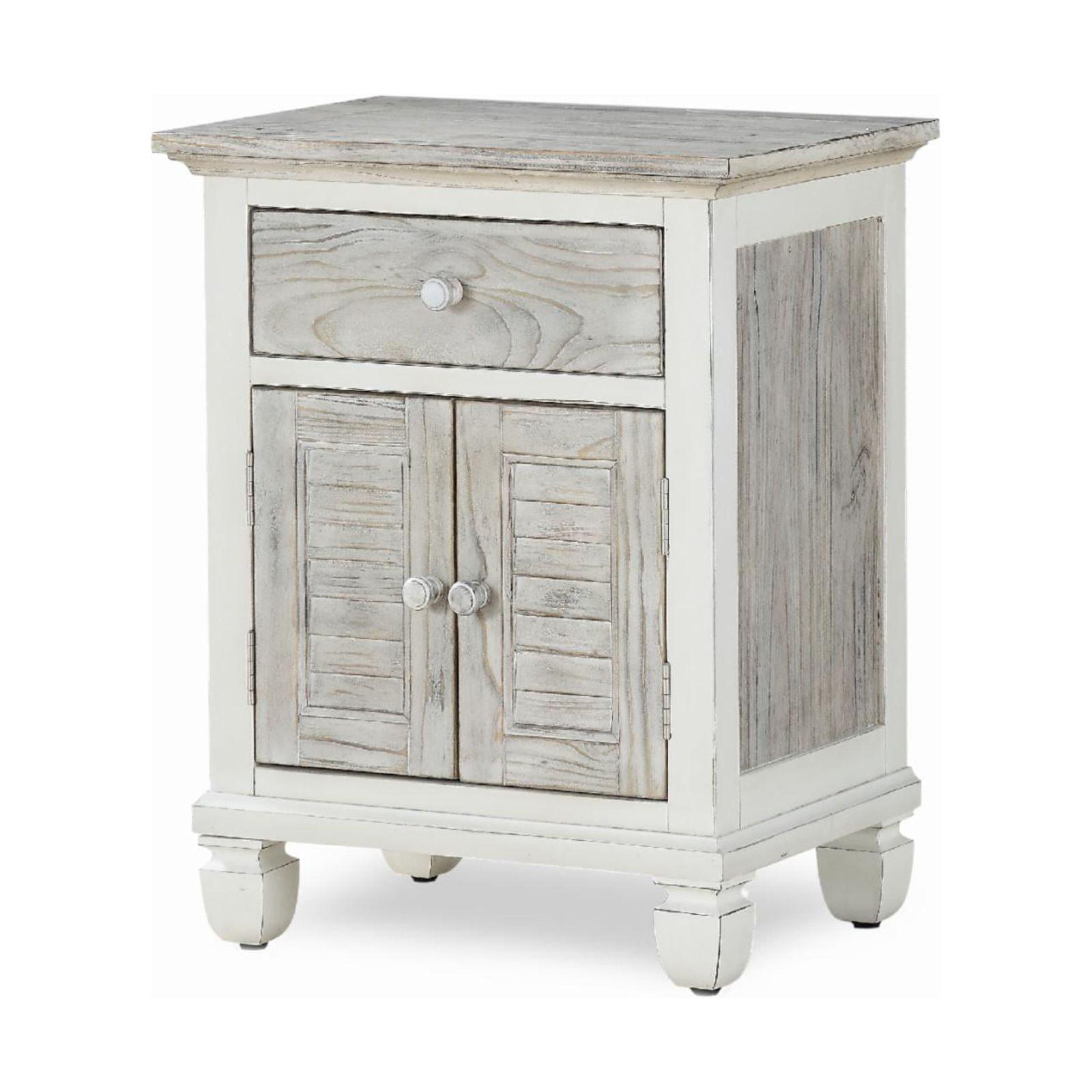 Gray and White Pine Wood Nightstand with Drawer and Doors