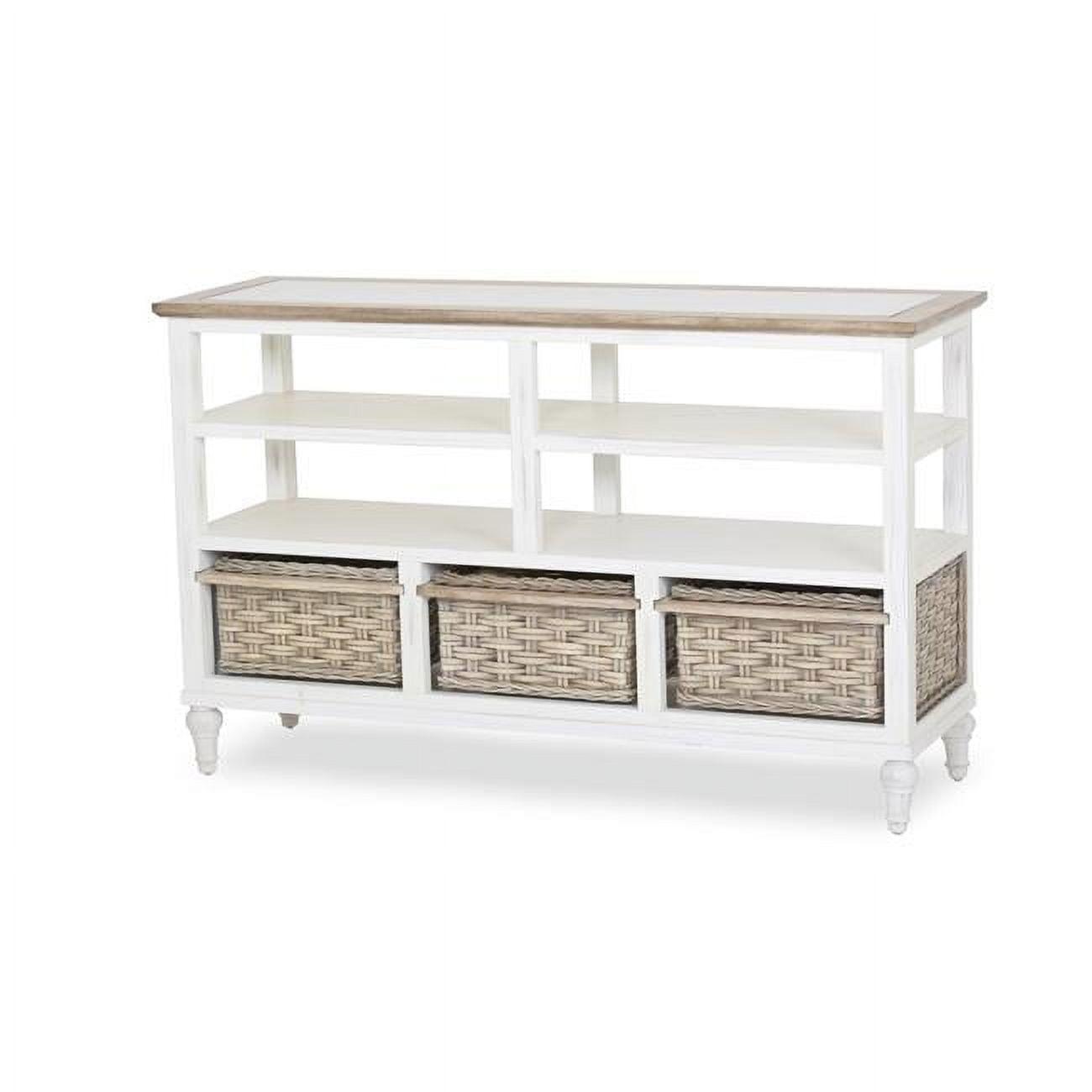 White Wood Entertainment Center with Seagrass Baskets