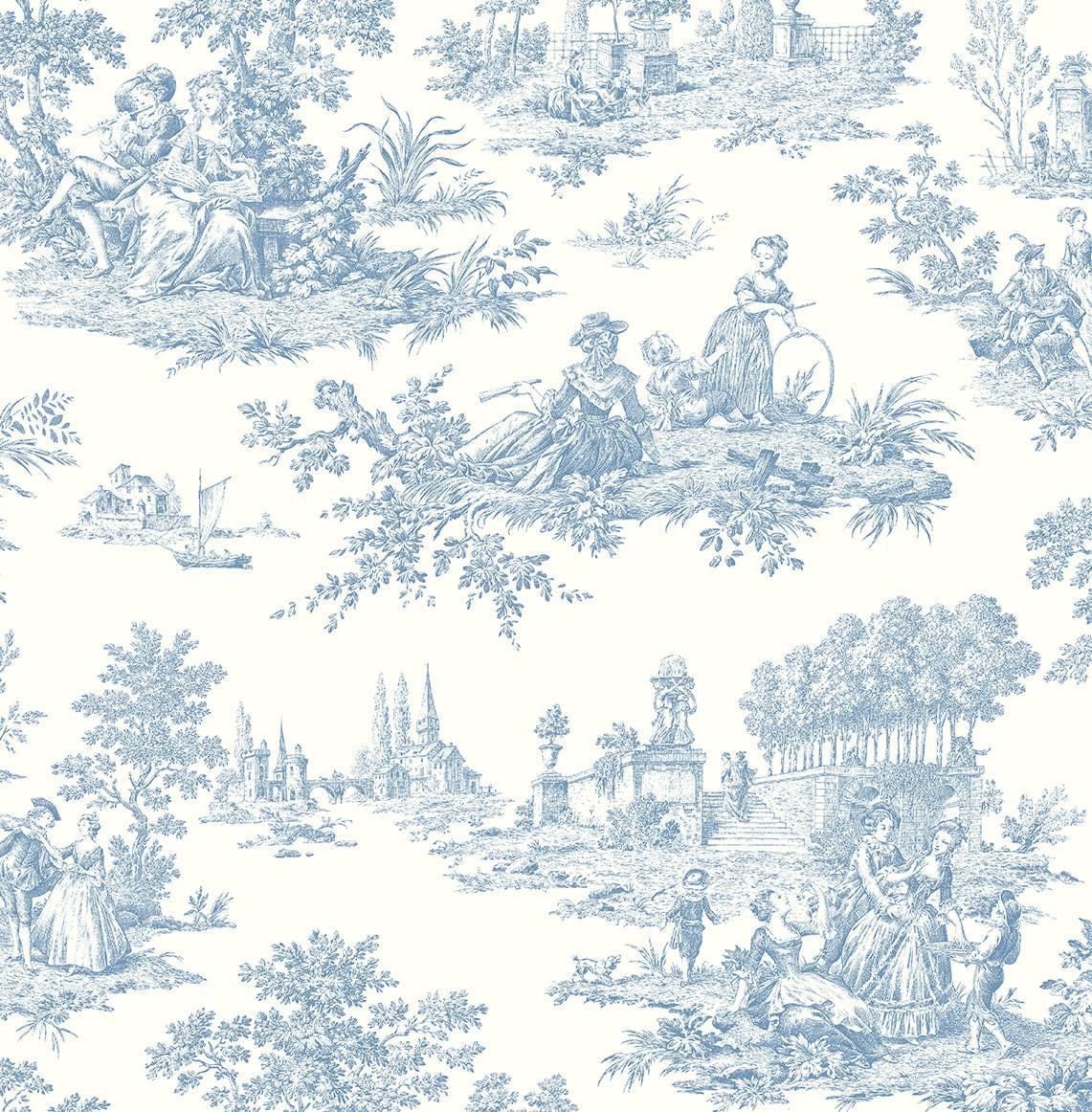 Seabrook Designs Blue Bell Chateau Toile Prepasted Wallpaper
