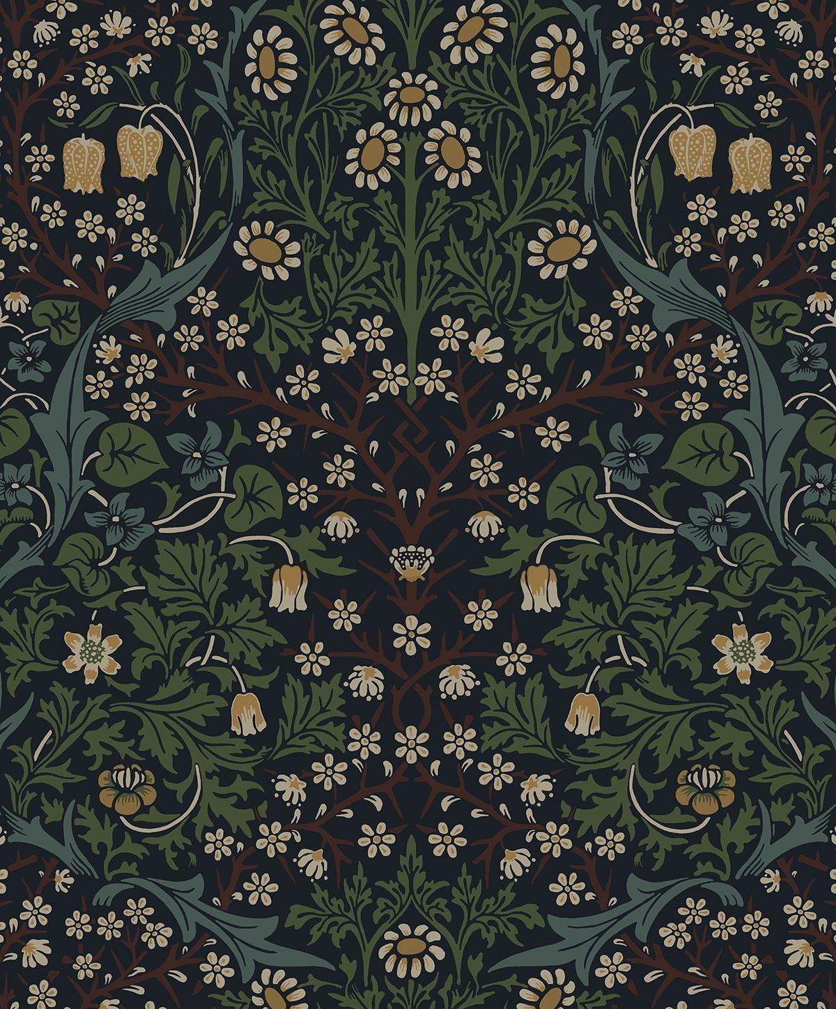 Midnight Blue & Evergreen Victorian Garden Floral Wallpaper