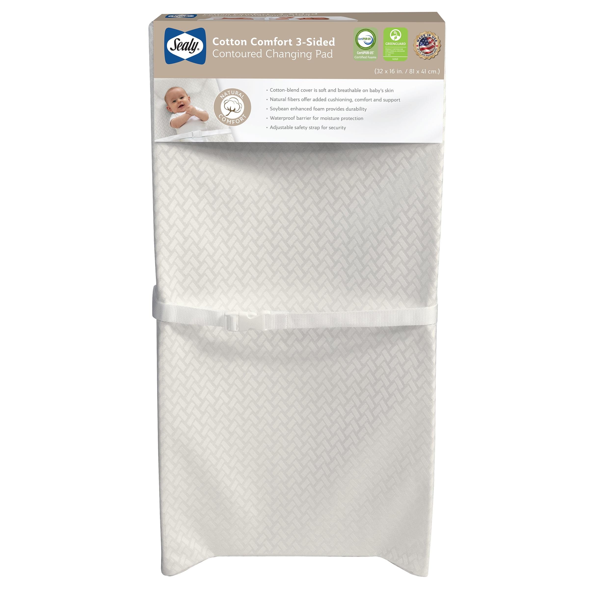 Sealy Baby Cotton Comfort Waterproof 3-Sided Contoured Baby Diaper Changing Pad for Dresser or Changing Table, Baby Changing Pad - White, 32” x 16”