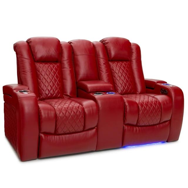 Seatcraft Anthem Home Theater Leather Loveseat Power Reclining 2-Row Seating with Power Headrest, LED lights, Center Table, Cupholders, AC/USB Outlets, and Hidden Storage in Red