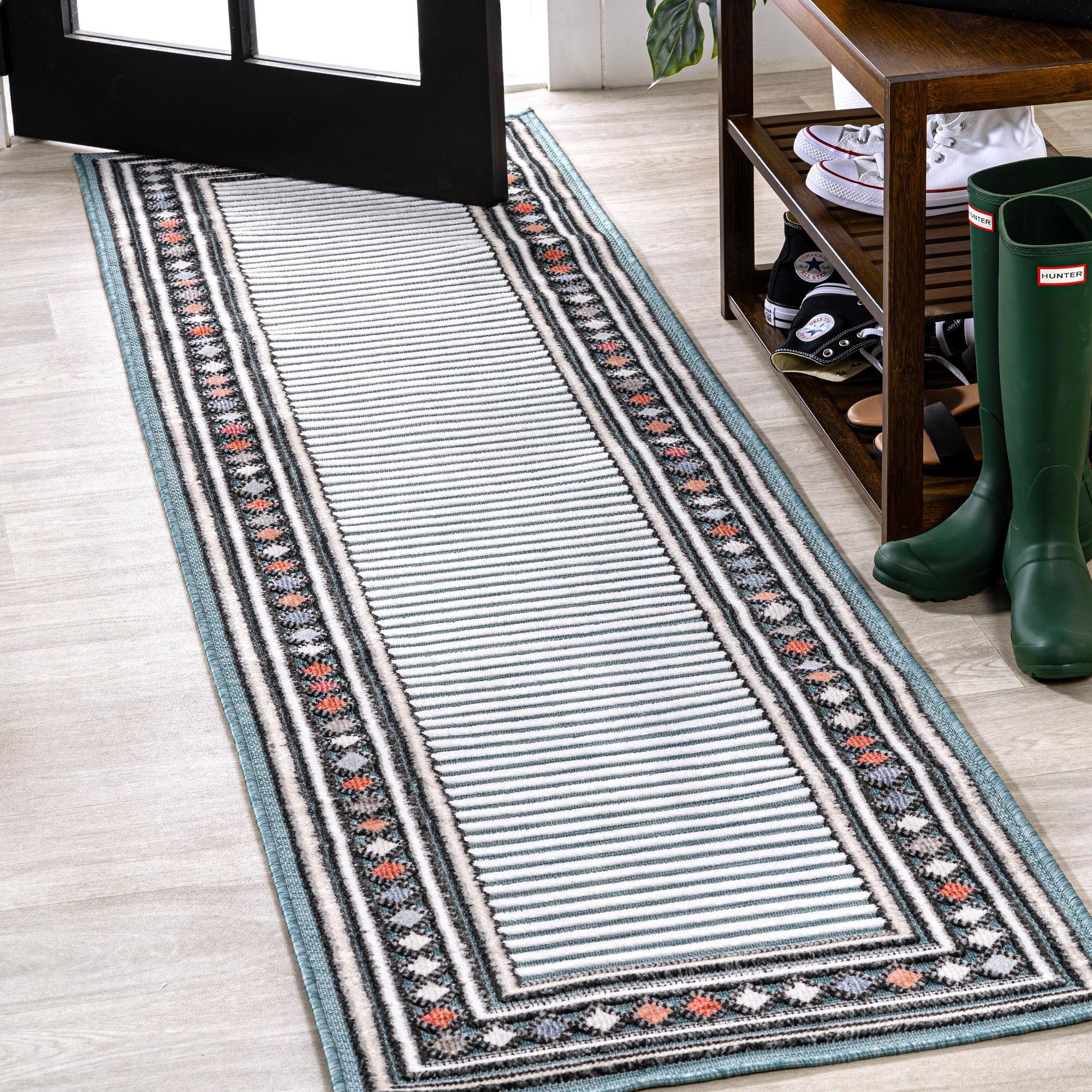 JONATHAN Y Sebastian High-Low Modern Diamond Border Blue/Ivory 2 ft. x 8 ft. Indoor/Outdoor Runner Rug