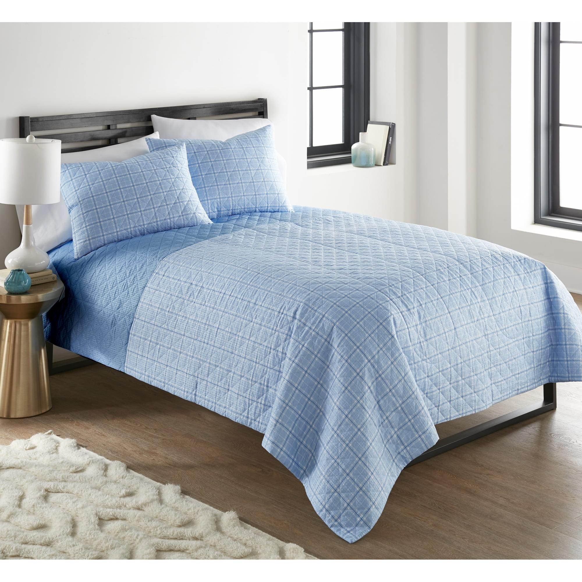 Shavel Home Products Seersucker 6-in-1 Quilt Set, King, Carlton Plaid Blue