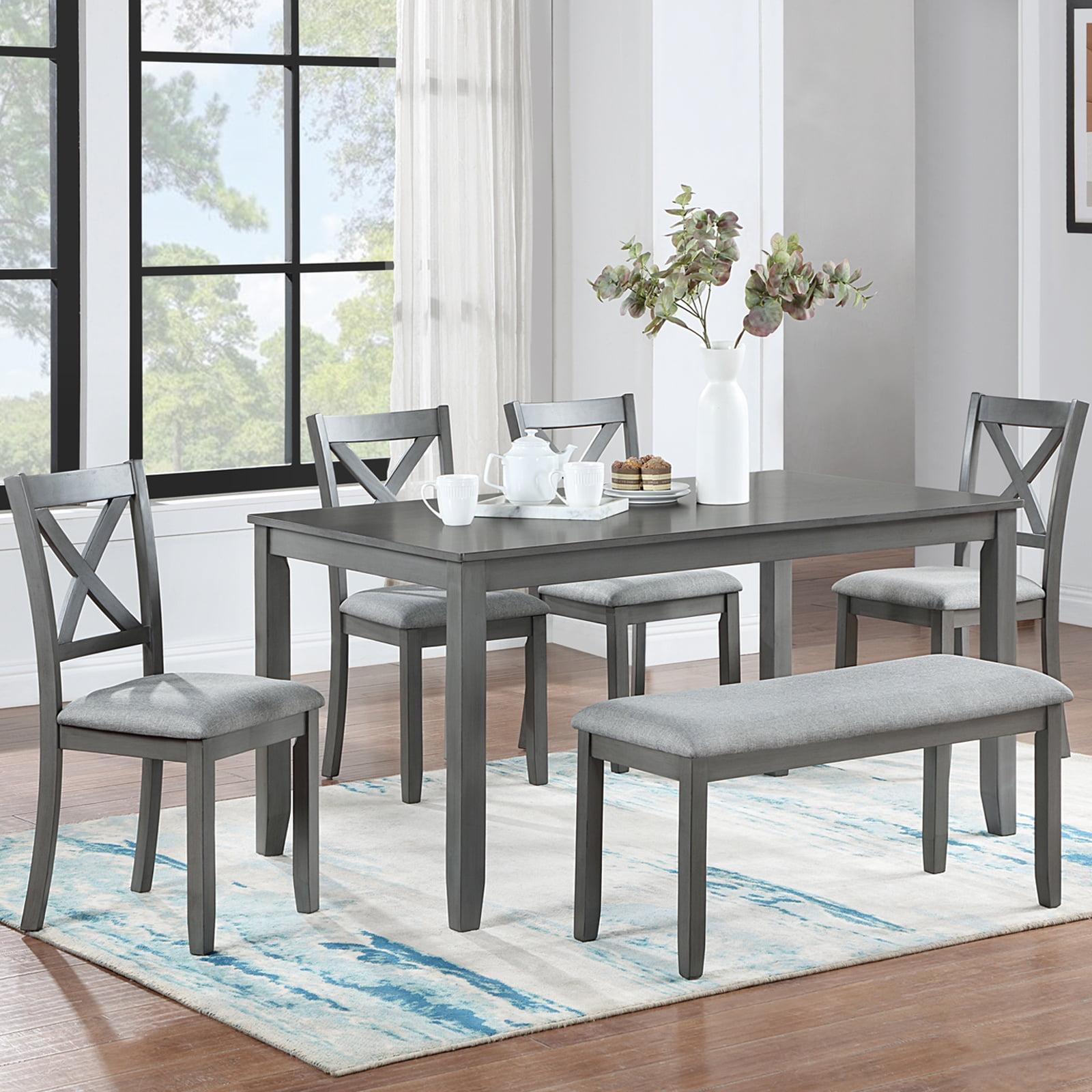 UHOMEPRO 6 Piece Dining Table Set with Bench and Chairs, Dining Table Set for 6, Rectangular Wooden Dining Table with 4 Upholstered Chairs and Bench, Dining Room Set for Kitchen, Gray B