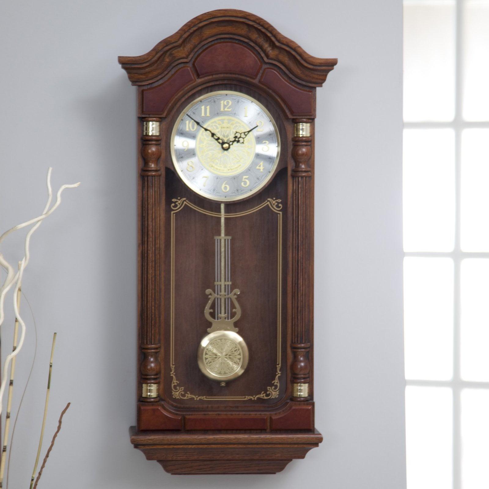 Seiko Stately   Solid Oak Case Wall Clock with Pendulum and Chime - Brown