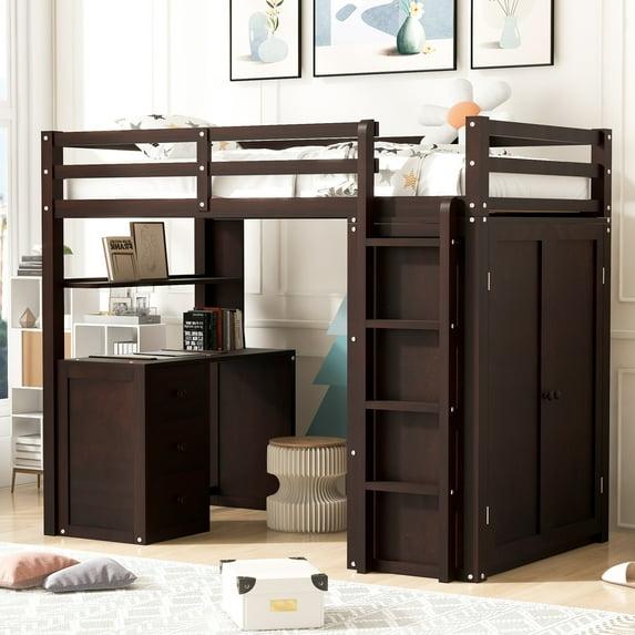 Seizeen Wooden Twin Size Loft Bed for Kids, Twin Loft Bed with Drawers, Desk, Wardrobe, Ladder & Safety Rails, Modern Bedroom Space Saving Loft Bed Frame with Storage, No Box Spring Needed, Espresso