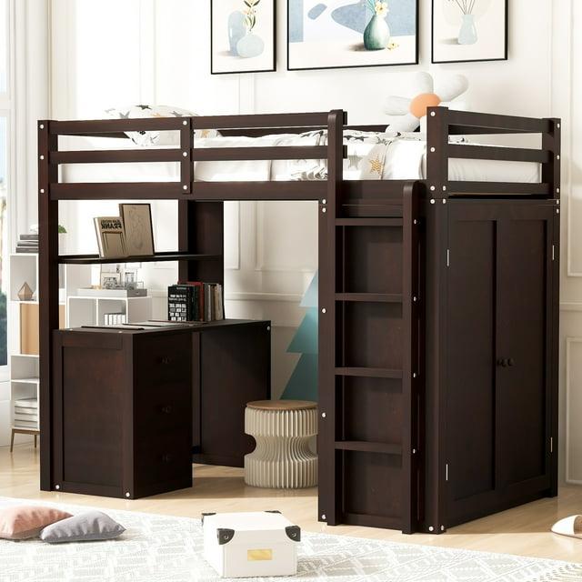 Seizeen Wooden Twin Size Loft Bed for Kids, Twin Loft Bed with Drawers, Desk, Wardrobe, Ladder & Safety Rails, Modern Bedroom Space Saving Loft Bed Frame with Storage, No Box Spring Needed, Espresso