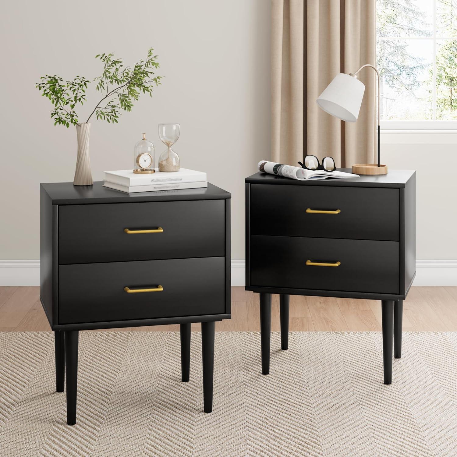 Walker Edison Mid Century Modern Two-Drawer Nightstand, Black