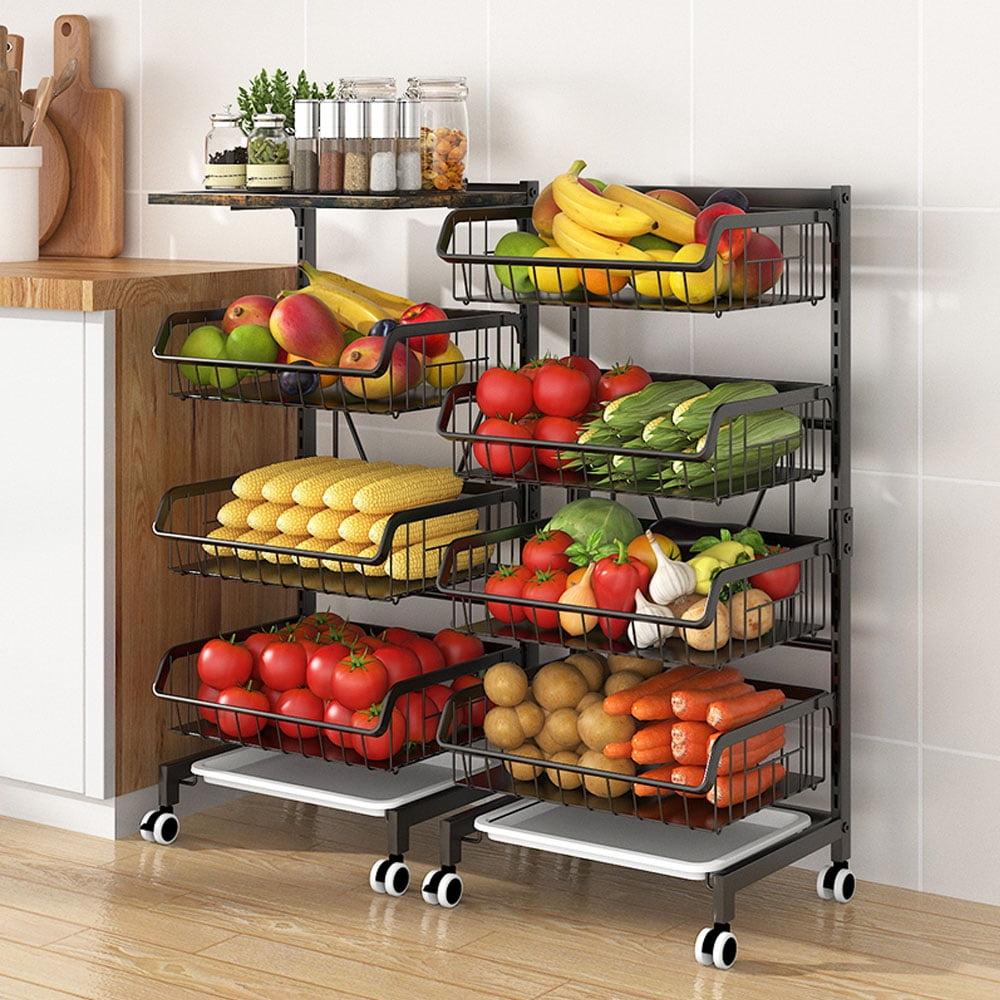 Sensch 4 Tier Fruit Basket Kitchen Organizers and Storage-Wooden Top Table, Rolling Utility Storage Cart, Black