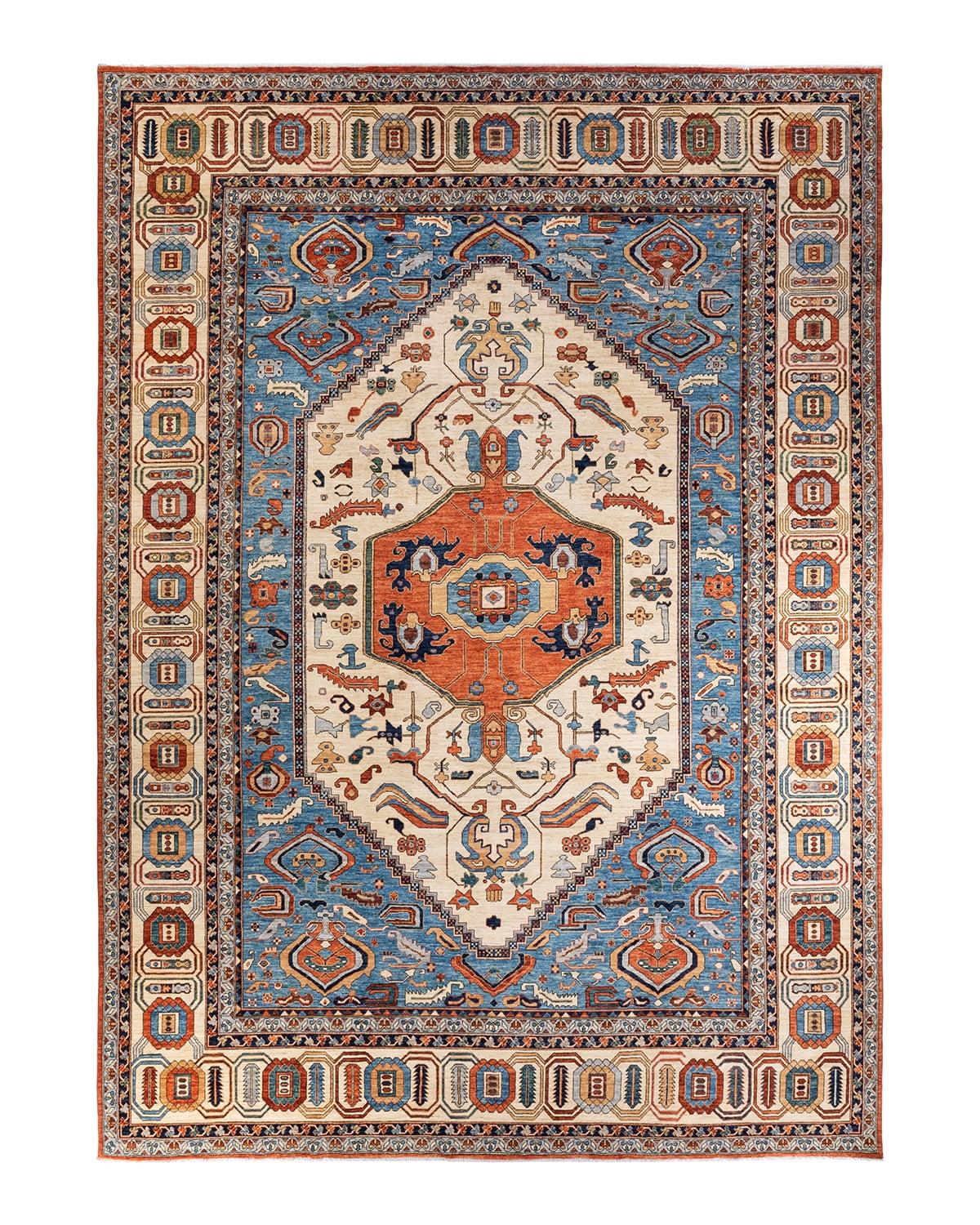 Hand-Knotted Red and Blue Geometric Wool Area Rug