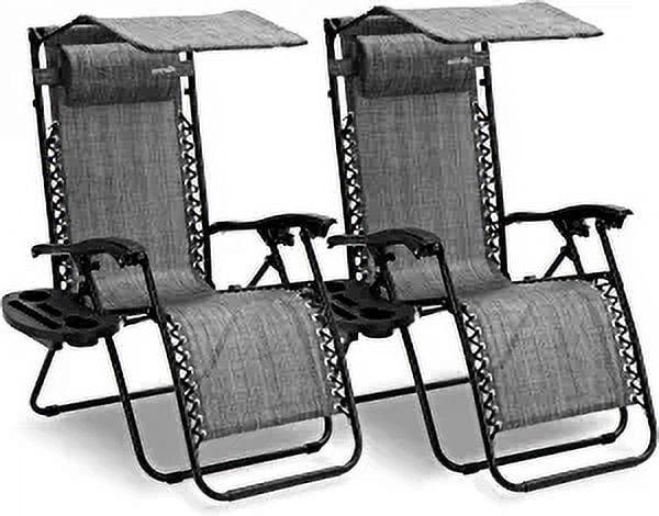 SereneLife Zero Gravity Lounge Chair, Adjustable Steel Mesh Recliners, with Canopy, Removable Pillows and Cup Holder Side Tables, Set of 2, Gray