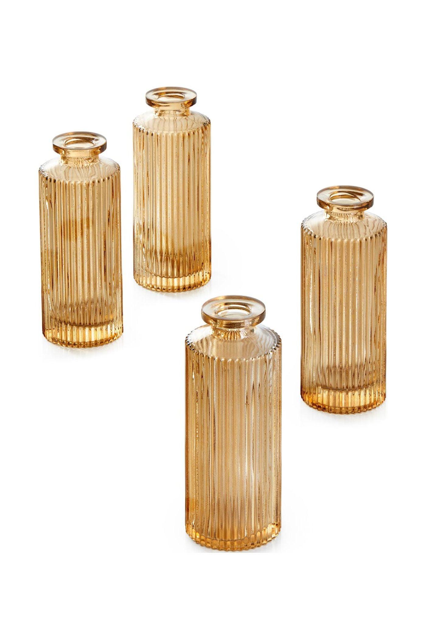 Serene Spaces Living Set of 4 Amber Pleated Bud Vase, Vases for Centerpieces for Home Decor, Events, Weddings, Parties, Measures 5.25" Tall and 2" Diameter