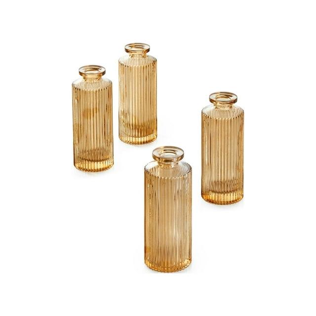 Serene Spaces Living Set of 4 Amber Pleated Bud Vase, Vases for Centerpieces for Home Decor, Events, Weddings, Parties, Measures 5.25" Tall and 2" Diameter